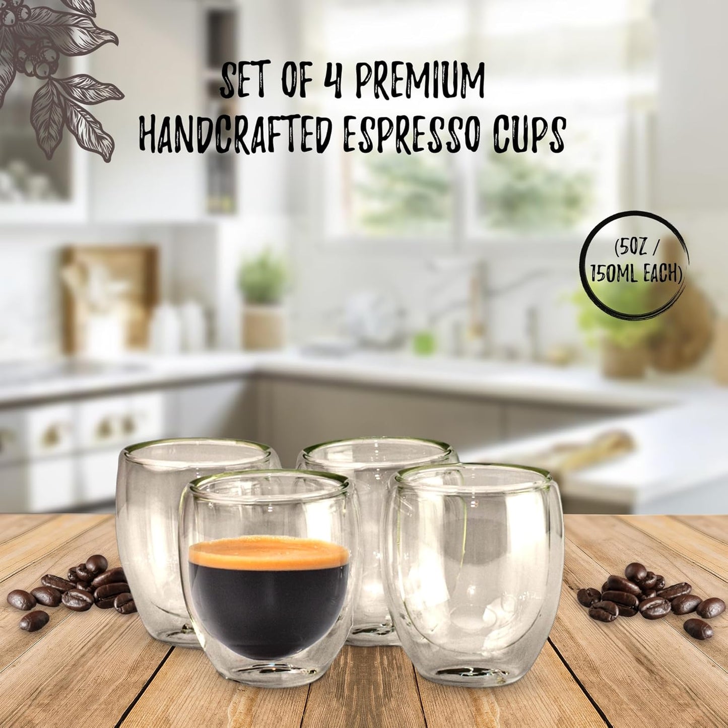 Bacimi® Double Wall Insulated Coffee Mugs (Set of 4 / 5oz) - Clear Borosilicate Cups - Thermal Drinking Cups for Espresso, Cappuccino, Latte, Tea, Hot Beverage, Wine - Microwave Safe