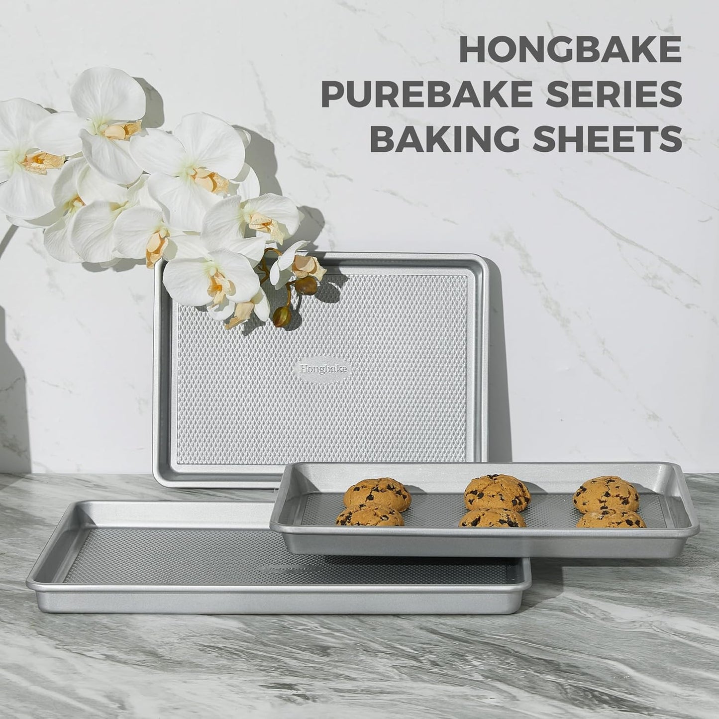 HONGBAKE Naturally Non Toxic Baking Sheet Pan Set of 3, Heavy Duty Aluminized Steel Cookie Sheets, Half/Quarter/Jelly Roll Pans with Textured Nonstick Surface, Free of PTFE & PFOA