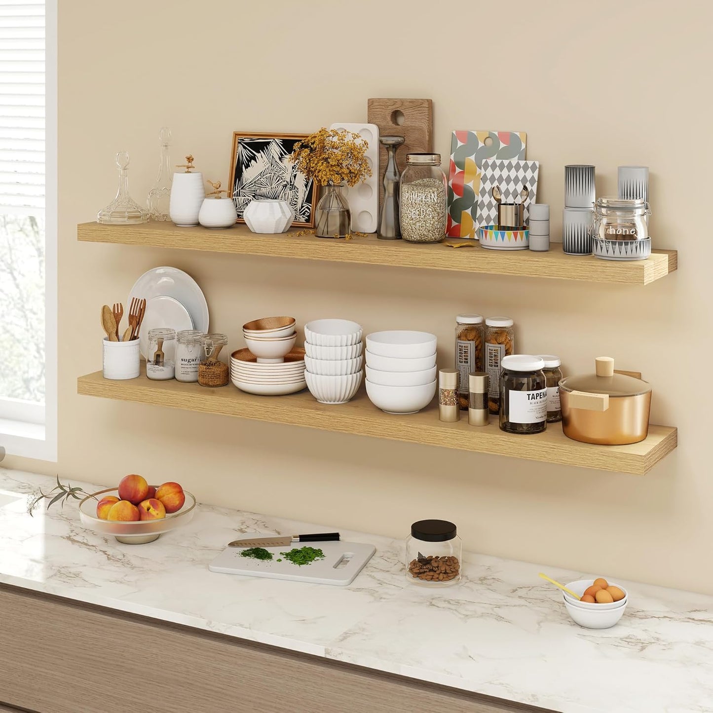 55 Inch Floating Shelves, 9.3" Deep Floating Shelf Wall Mounted, 56" Wall Shelves, Rustic Deep Bookshelf, Large Display Shelves & Storage Shelves for Bedroom, Living Room, Oak, Set of 1