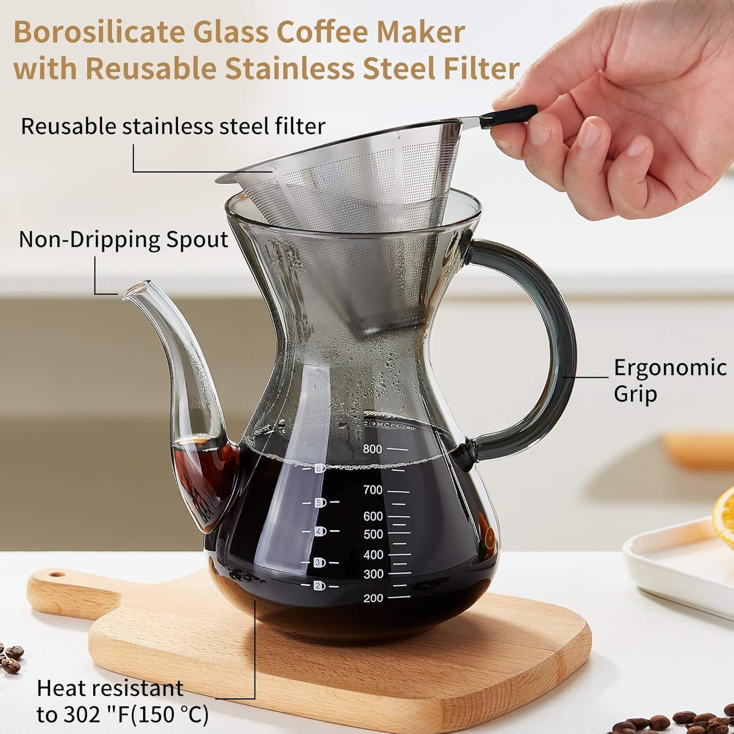 Unbreakable - Pour Over Coffee Maker with Double Stainless Filter 34 fl oz, Thickened Heat-Resistant Borosilicate Glass Pour Over Coffee Dripper, Stovetop Safe