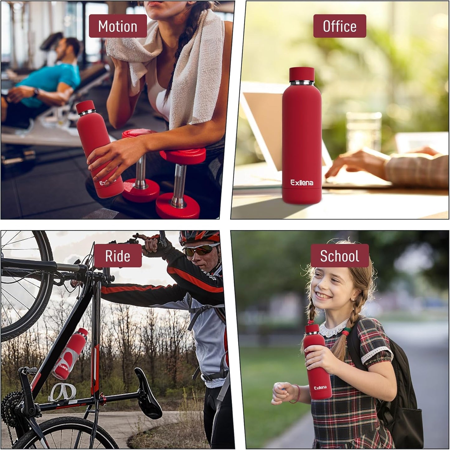 Slim Insulated Water Bottles for Travel 18oz with Clip, Double Wall Vacuum Stainless Steel Water Bottle Keeps Drinks Cold 24 Hrs/Hot 12 Hrs, 100% Leakproof, BPA Free（Red）