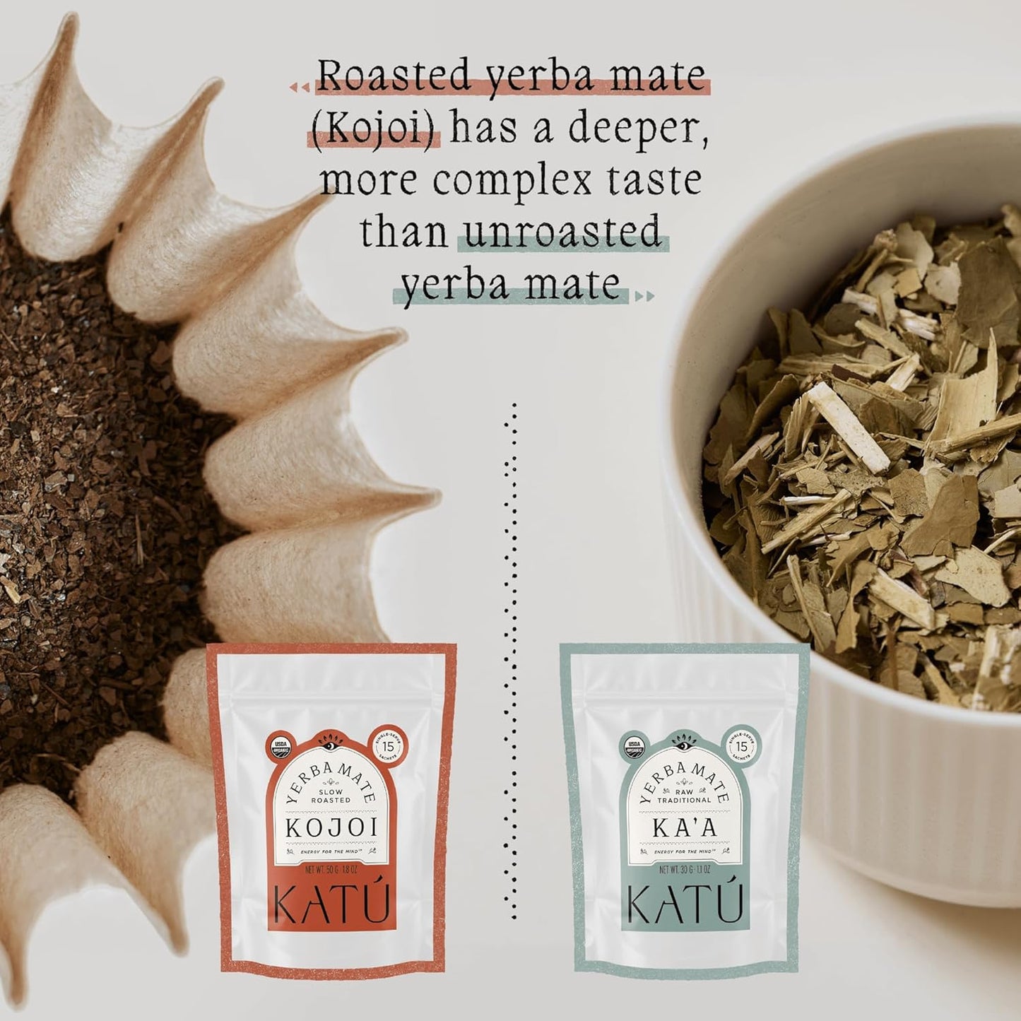 Katú Kojoi Tea Bags - Premium USDA Organic Yerba Mate Tea, Slow Roasted, Unsmoked, Air Dried, Loose-Leaf, Aged, Natural Energy - 15 Count