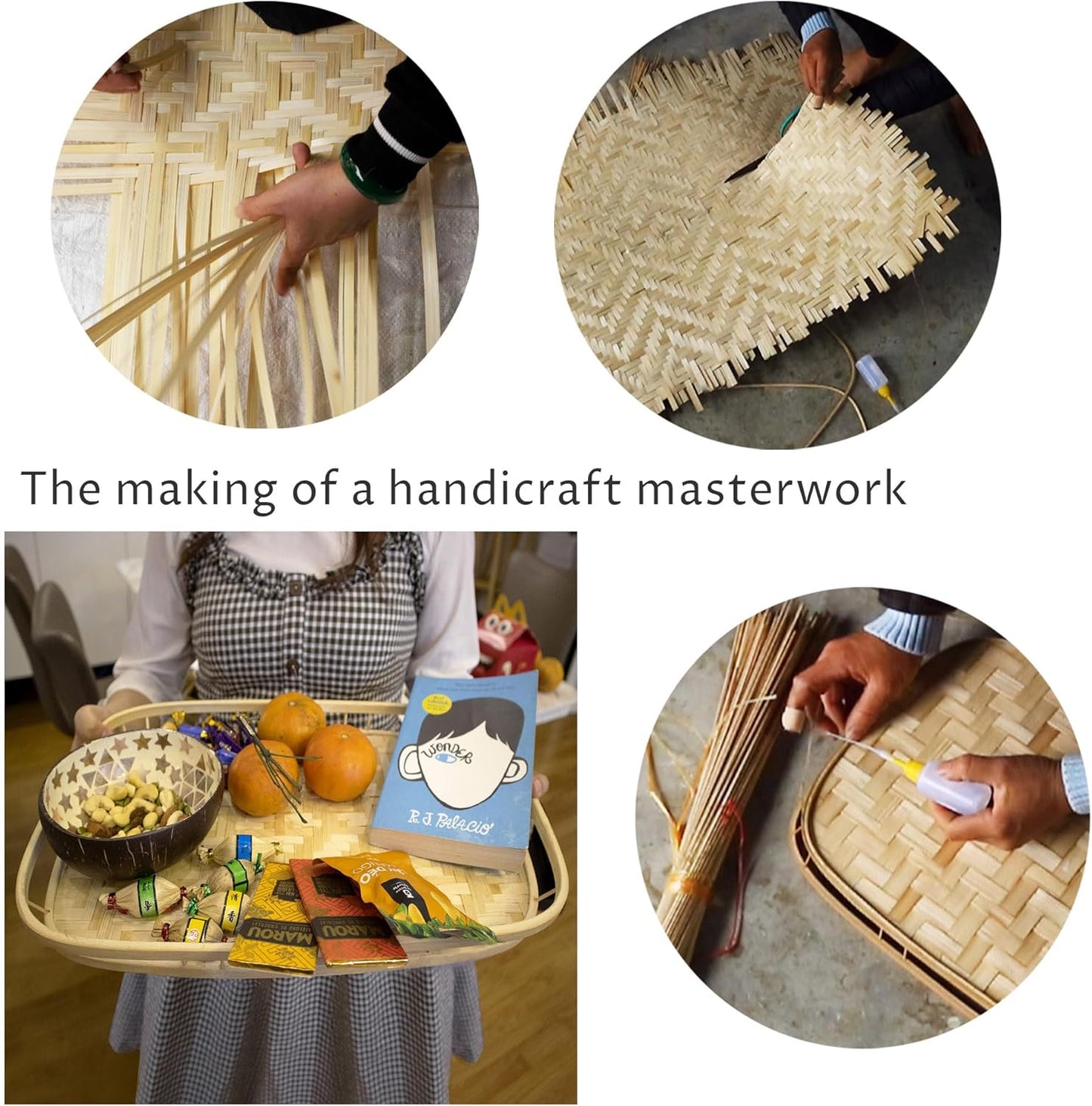 PEMAR Set of 4 Bamboo Wicker Serving Trays for Foods & Drinks, Rectangular Breakfast Lap Trays with Handles Wooden Decorative Platters for Coffee Table, Bed Eating