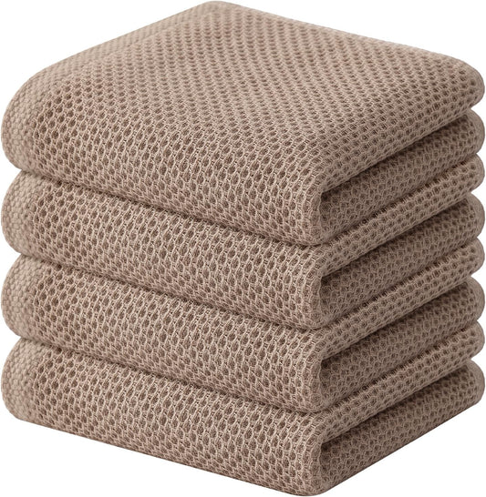 Kitinjoy 100% Cotton Waffle Weave Kitchen Towels, 4-Pack Super Soft and Absorbent Dish Towels for Drying Dishes, Kitchen Hand Towels, 13 in x 28 in, Tan