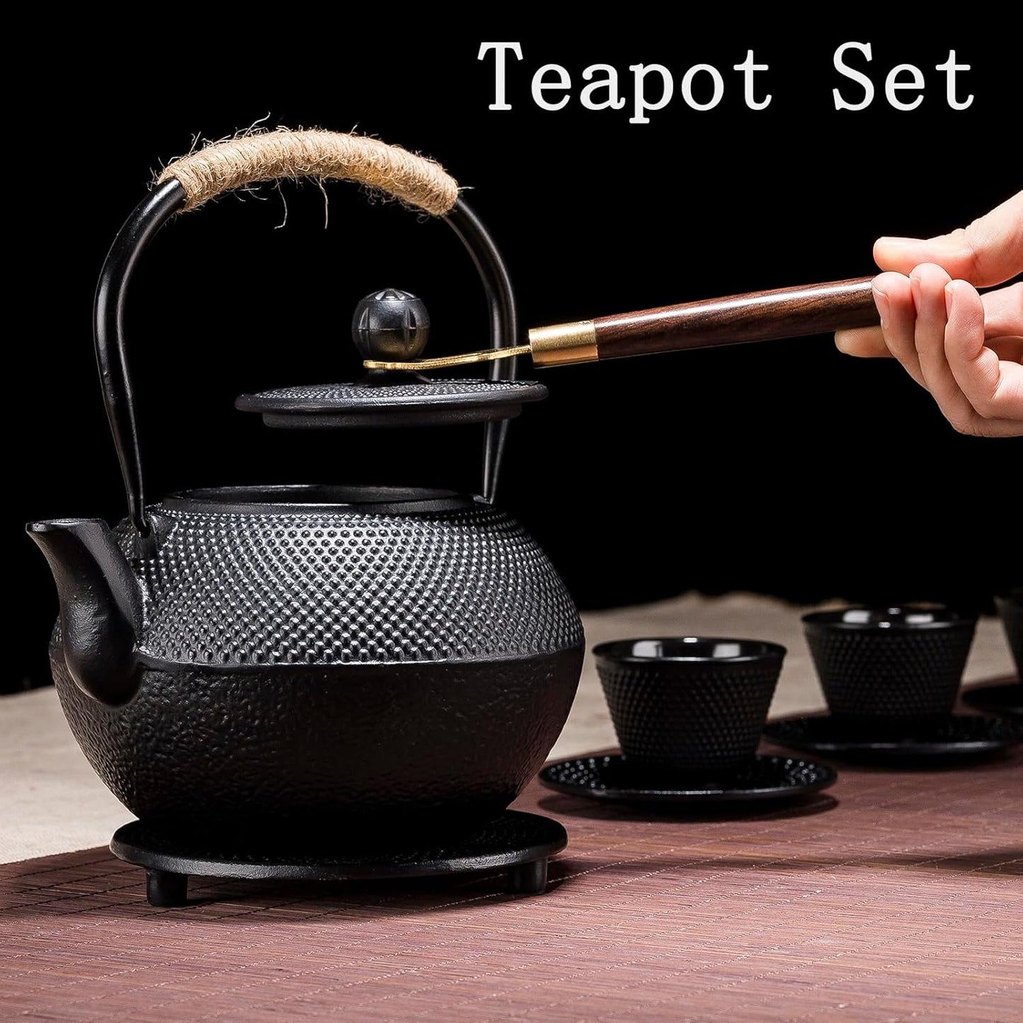 YJX 40.6 fl oz Cast Iron Teapot Set, Japanese Tetsubin Tea Set with Cast Iron Teacups, Small Tea Kettle Set with Strainer for Loose Tea, Enameled Interior (1200ml Tea Set with Cups and Saucers)