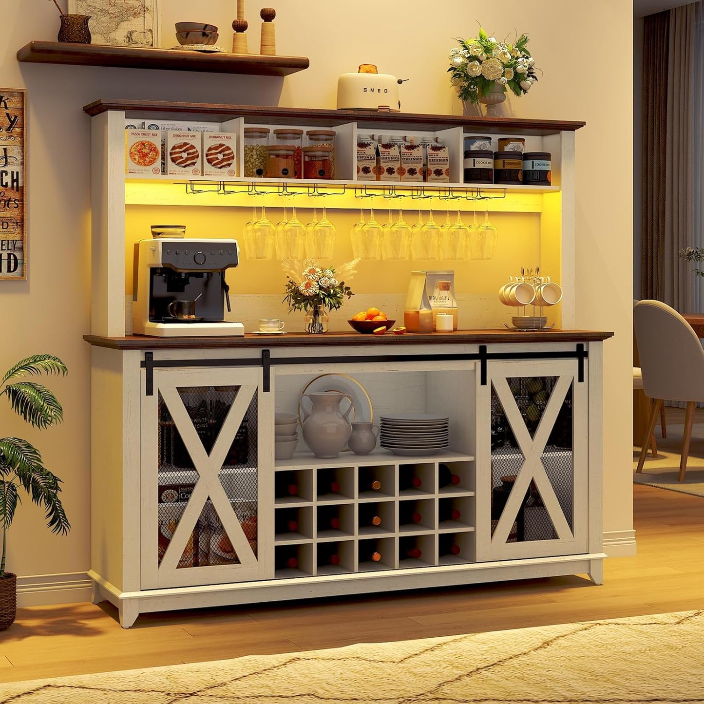 63"W Farmhouse Coffee Bar Cabinet with LED Light,Wine Bar Cabinet w/ 4 Tier Storage Hutch,Kitchen Buffet Cabinet w/Sliding Barn Door & 15 Wine and Glass Racks for Kitchen Dining Room(Antique White)