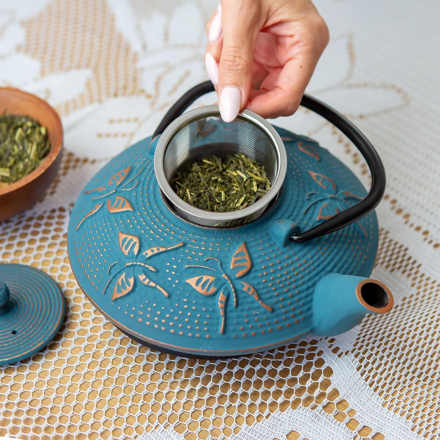 7PC Japanese Tea Set. "Blue Butterfly" Cast Iron Tea Pot with 2 Tea Cups, 2 Saucers, Tea Infuser and Teapot Trivet. Ceremonial Matcha Accessories
