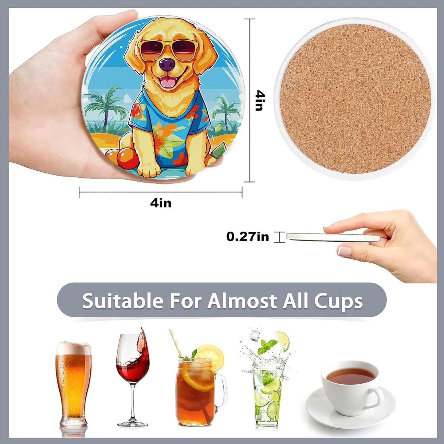 Drink Coasters Set of 6 with Holder,Cute Dachshund Husky Dog Absorbent Ceramic Coasters with Cork Base,Fit All Cups,Tabletop Protection Mat for Mugs and Cups,Office,Kitchen