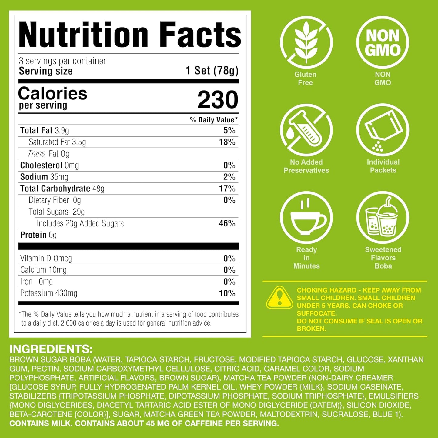 J WAY Instant Boba Bubble Pearl Matcha Milk Tea Kit with Authentic Brown Sugar Tapioca Boba, Ready in Under One Minute, Paper Straws Included - 3 Servings