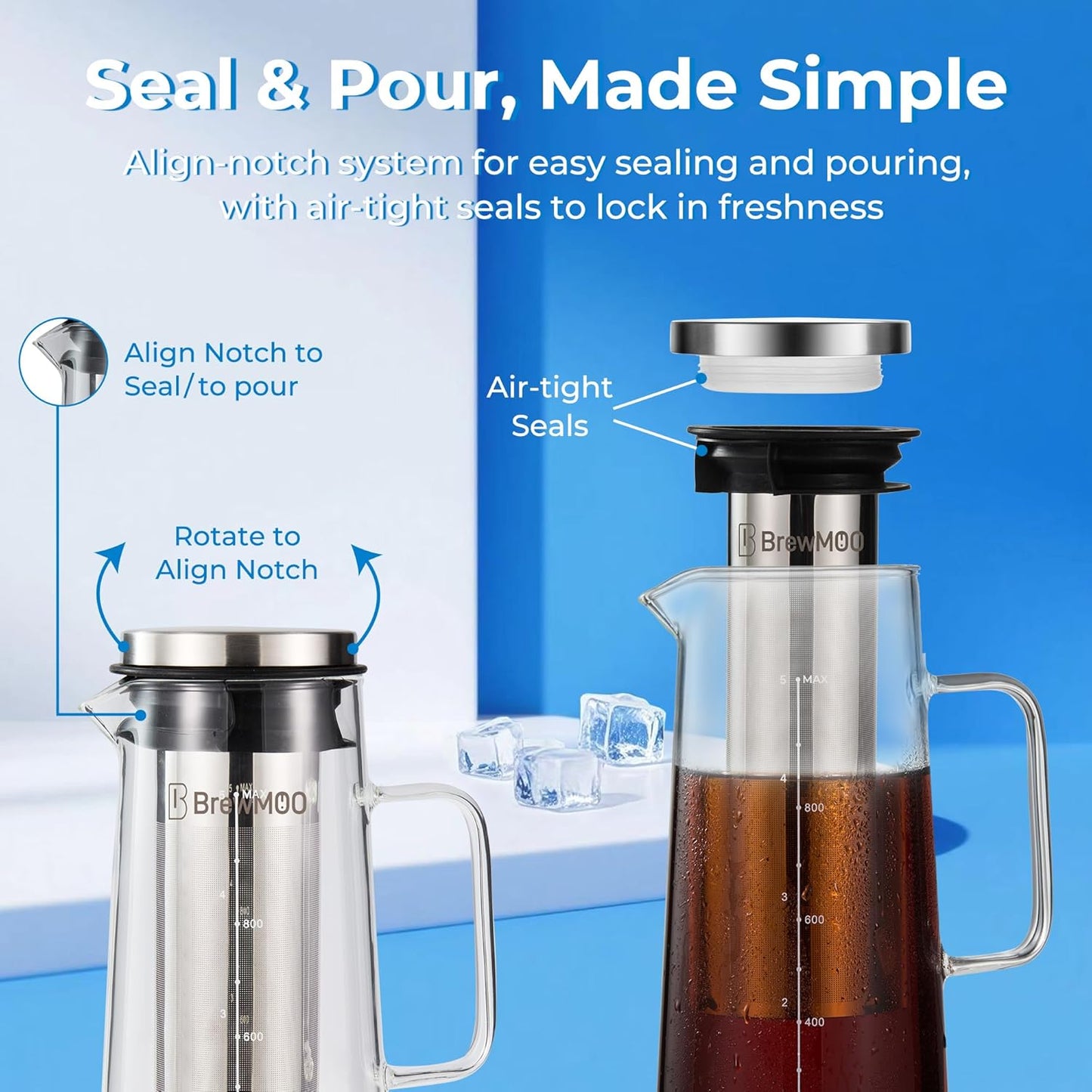 BrewMOO- Airtight Cold Brew Coffee Maker Pitcher, 1.0L/34Oz Thick Glass Carafe with Filter, Comfort Sturdy Handle & Wide Spout, Non-Slip Base | Iced Tea Maker (Grey)