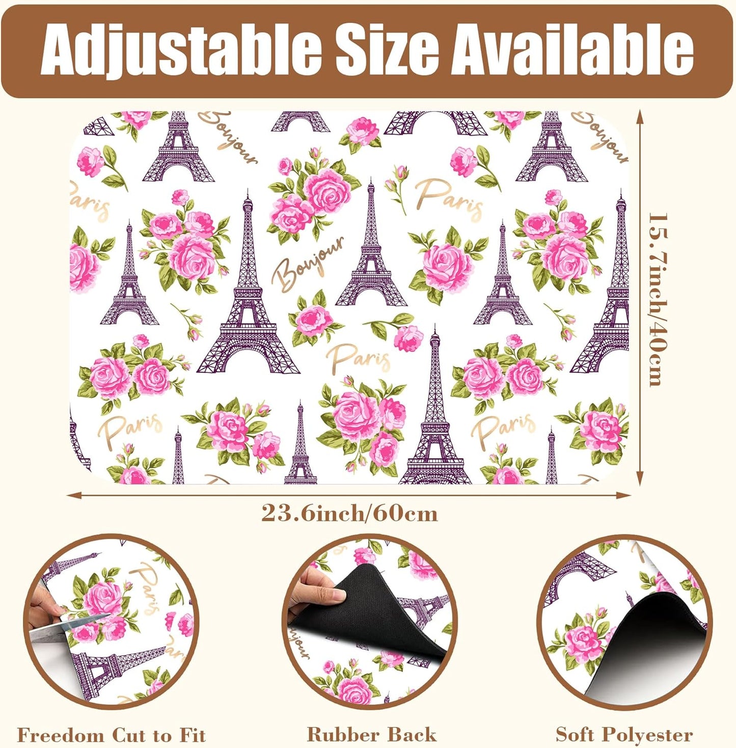 Eiffel Tower with Pink Rose Coffee Mat Absorbent Dish Drying Mat for Kitchen Counter Hide Stain Rubber Backed Coffee Bar Accessories Fit Under Espresso Machine Dish Drainer 15.7 x 23.6 Inch