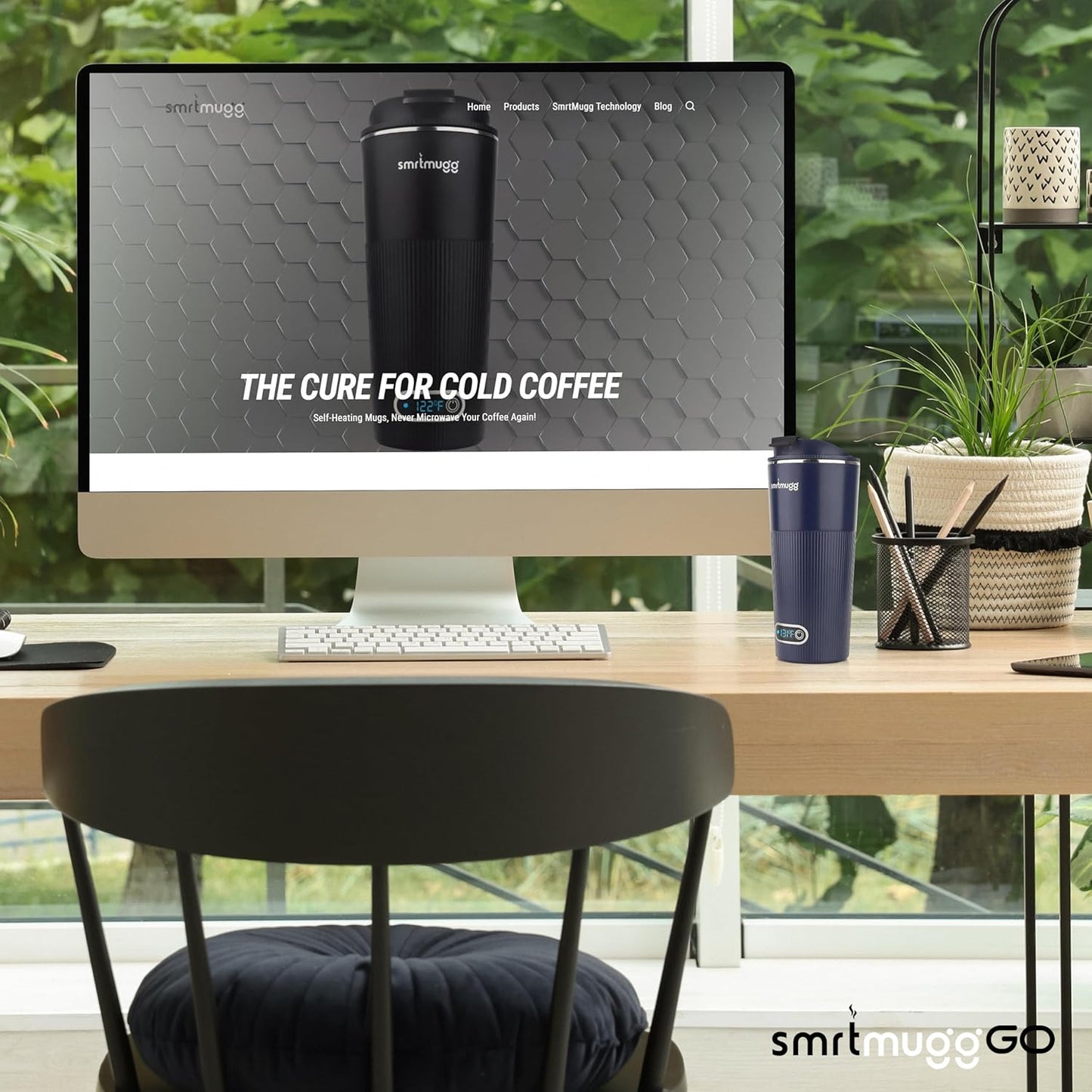 GO Heated Coffee Mug, Travel Mug, 13.5 OZ. Smart Mug, Battery Powered Heated Coffee Mug, Great for Coffee and Tea, Snap on Magnetic Charging Cord, New and Improved (Navy Blue)