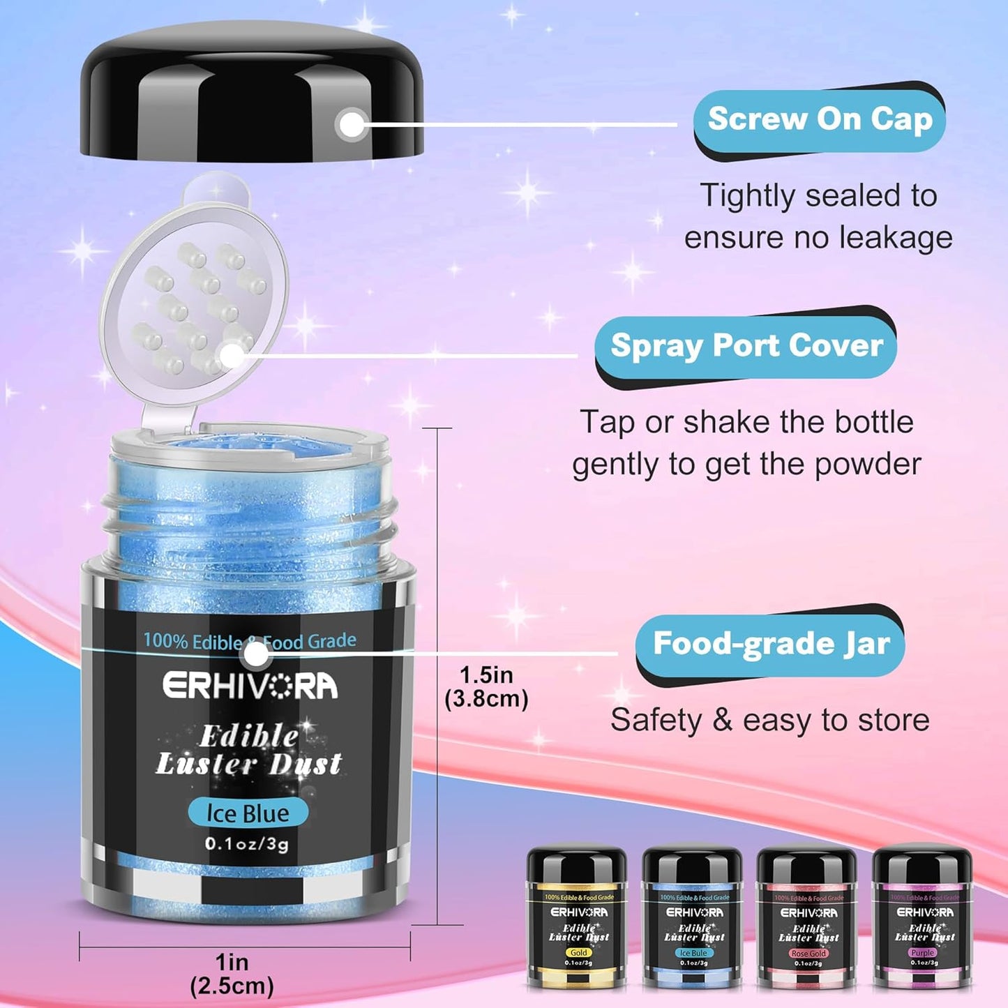 Edible Glitter for Cocktails Cakes Drinks, Rose Gold Edible Glitter, Gold Edible Glitter, Blue Edible Glitter, Purple Edible Glitter, Luster Dust Edible Drink Glitter Spray 4 Colors