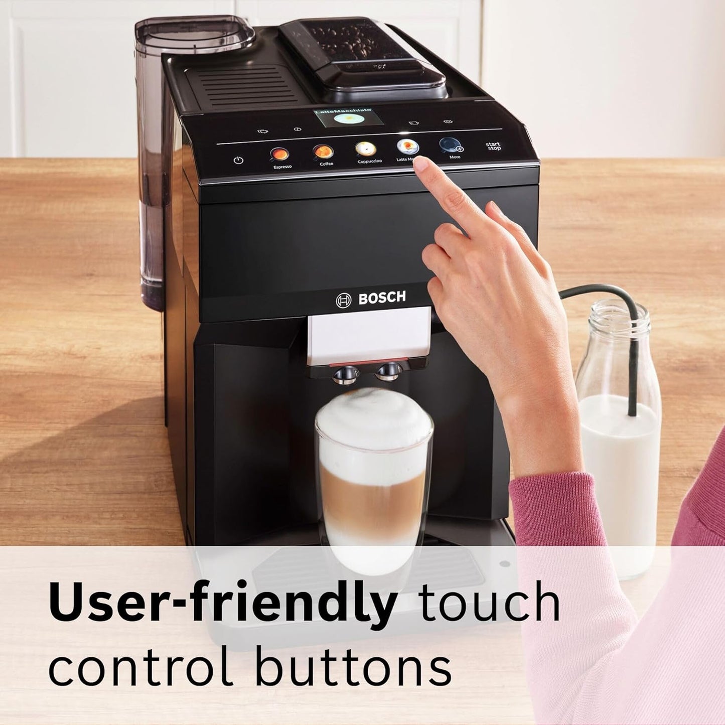 Bosch 500 Series Fully Automatic Espresso and Coffee Machine – Touch Control Panel, Milk Hose, Ceramic Grinder, Uses Beans & Ground Coffee, 9 One-Touch Drinks, in Black TPU40109