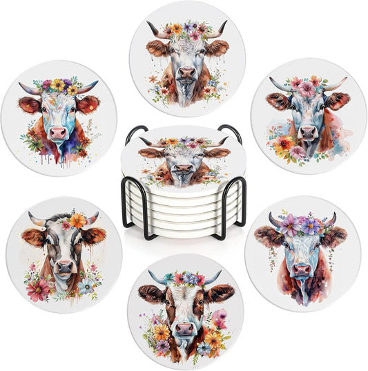 6 Pcs Coasters for Drinks with Holder, Highland Cows Flowers Absorbent Ceramic Coasters with Cork Base,Cute Funny Table Drinks Coasters Tabletop Protection Mat,Table Home Decor,4 Inches