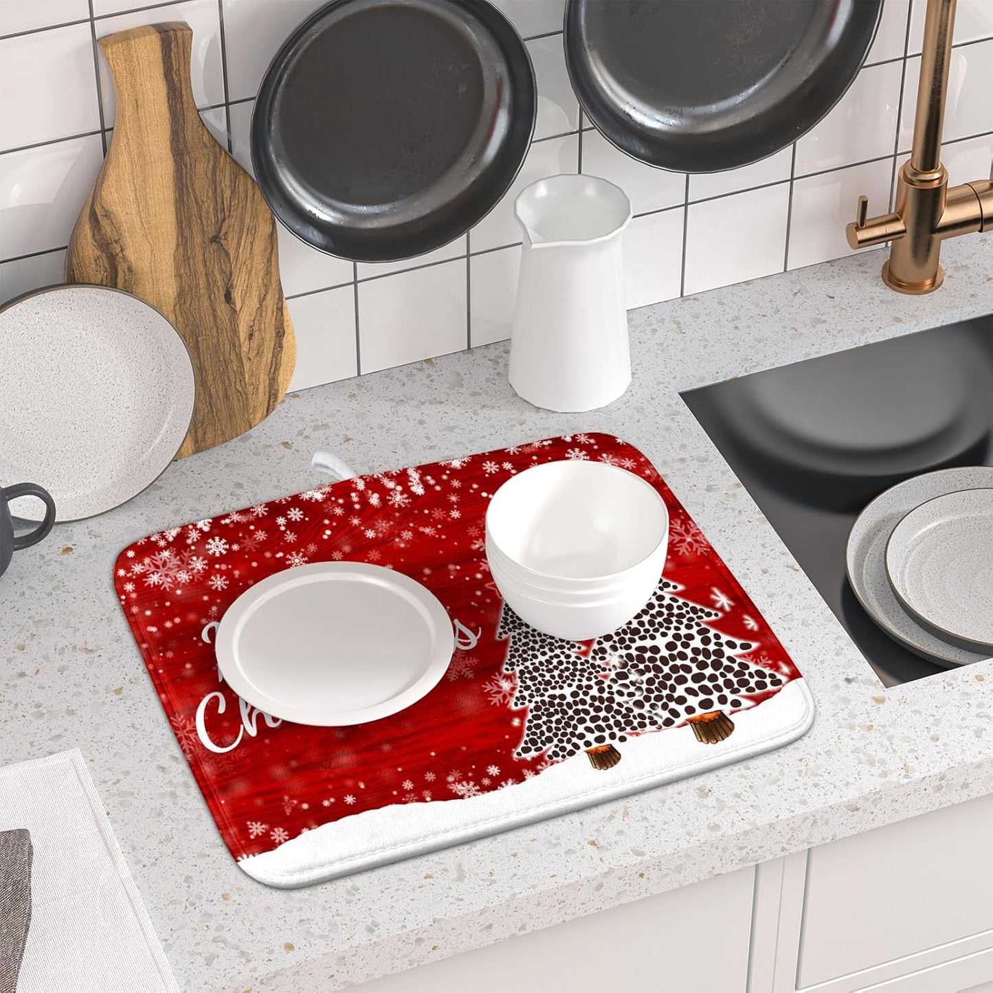 Merry Christmas Tree Red Dish Drying Mat for Kitchen Counter,Winter Snowflake Pine Drying Mat 16 x 18 Inch with Absorbent Reversible Microfiber Dish Drying Pad for Coffee Bar