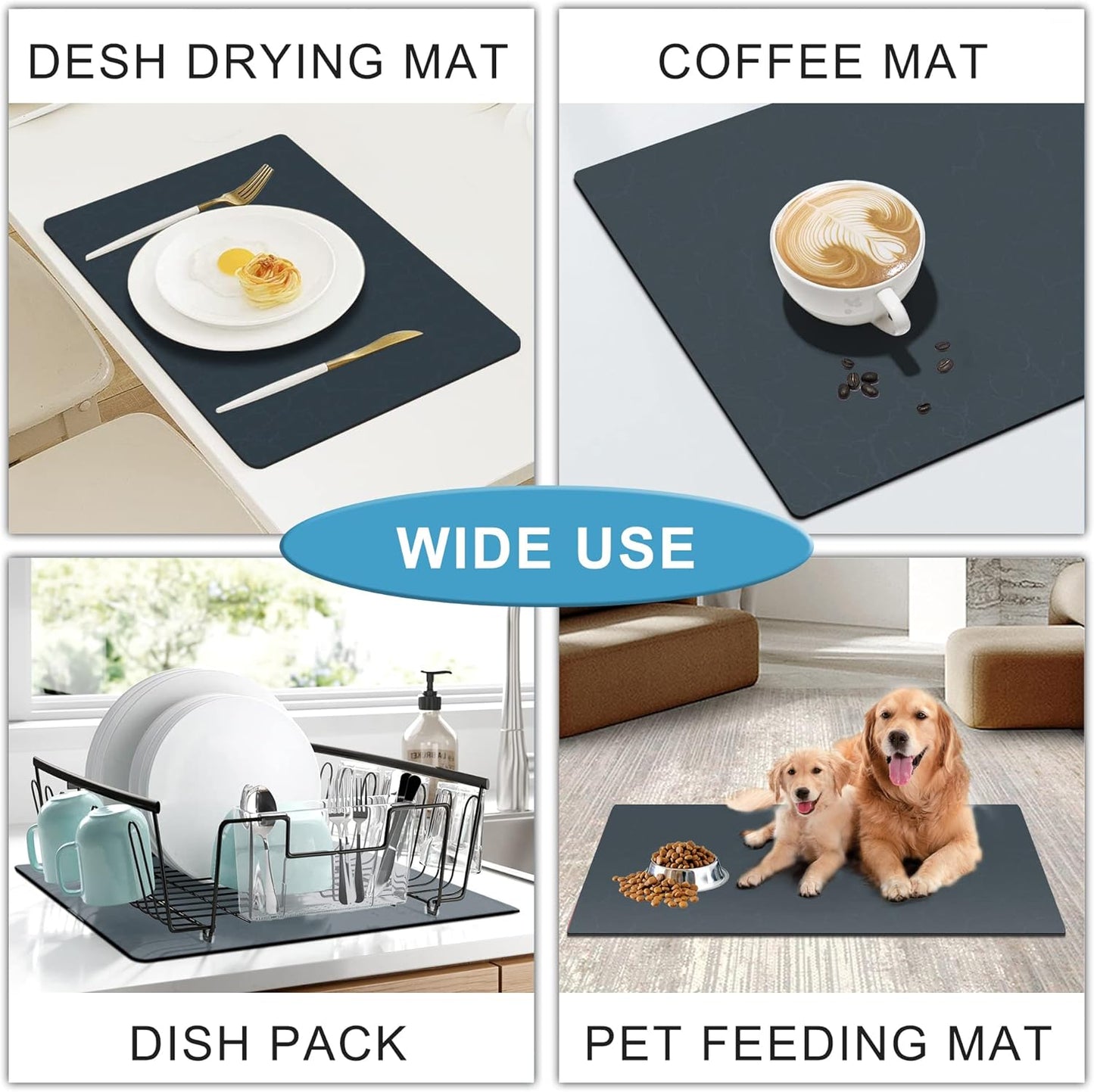 Golener Coffee Maker Mat - Cafe Bar Decor for Coffee Station, Dish Drying Mat, Drip Tray for Dish Rack, Absorbent Mat for Countertops, Non-slip Material Keeps Dish in Place, 23”x15”, Marble Navy