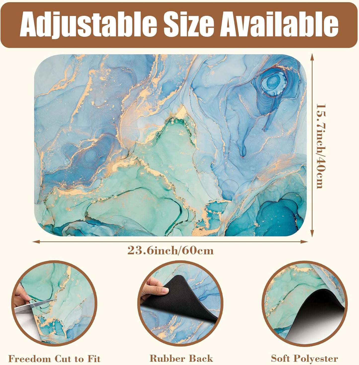 Turquoise and Blue Marble Coffee Mat Absorbent Dish Drying Mat for Kitchen Counter Hide Stain Rubber Backed Coffee Bar Accessories Fit Under Espresso Machine Cafe Table, 15.7 x 23.6 Inch