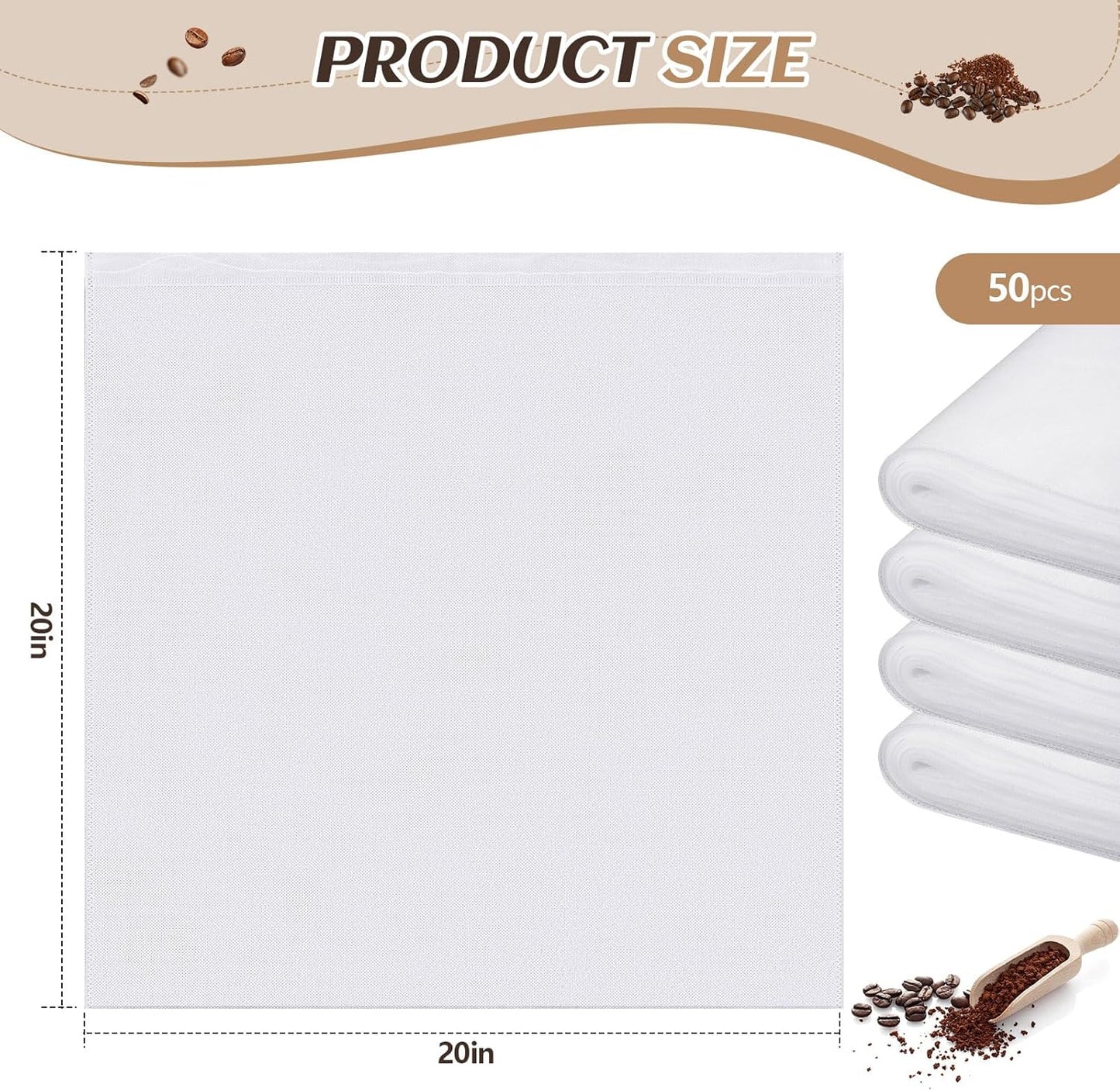 50 Pcs 20" x 20" Commercial Home Cold Brew Coffee Filter Bags with Drawstring, Disposable for Commercial Home Cold Brew Coffee Makers
