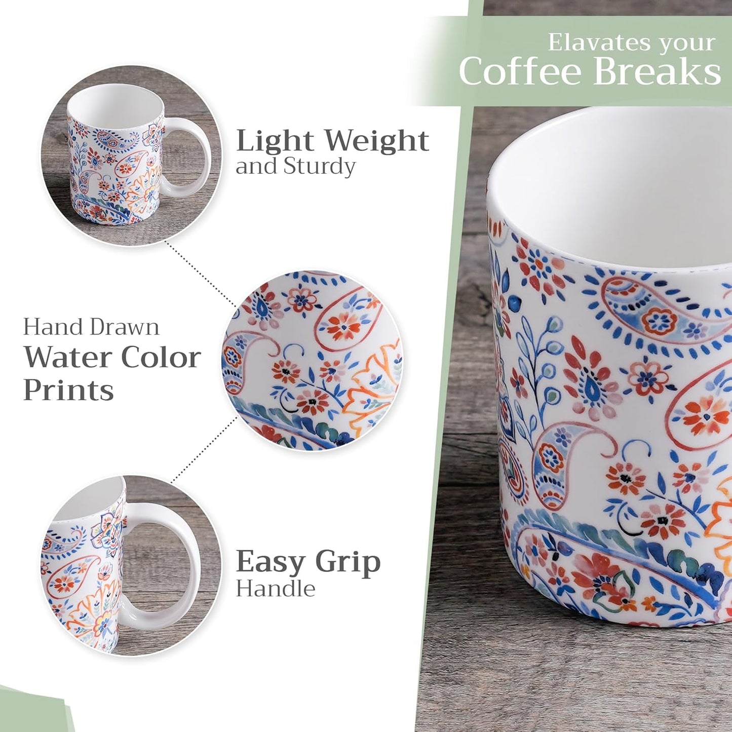 Maison d' Hermine Coffee Mug with Handles Fine Bone China Mugs Pack of One Tea Cups for Hot Beverages Cappuccino Latte Home Restaurant Office Perfect for Gift (Indian Floral - Paisley, 12 Ounce)