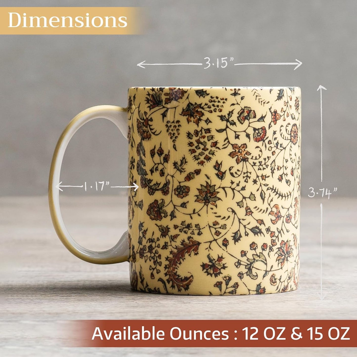 Maison d' Hermine Coffee Mug with Handles Fine Bone China Mugs Pack of One Tea Cups for Hot Beverages Cappuccino Latte Home Restaurant Office Perfect for Gift (Lakshmi - Daya, 12 Ounce)