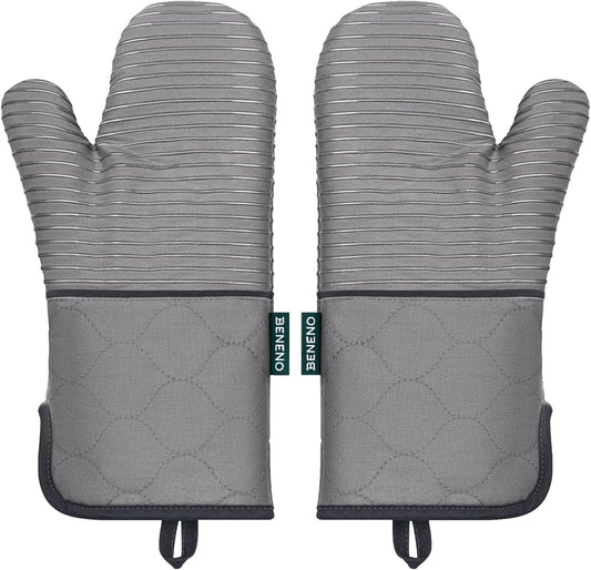 Beneno Kitchen Oven Mitts 2-Pack Heat Resistant to 500°F with Non-Slip Silicone Grip, Extra Long 14.3" Forearm Protection, Soft Quilted Cotton Terry Lining, Ideal for Cooking, Baking, Grilling, Gray