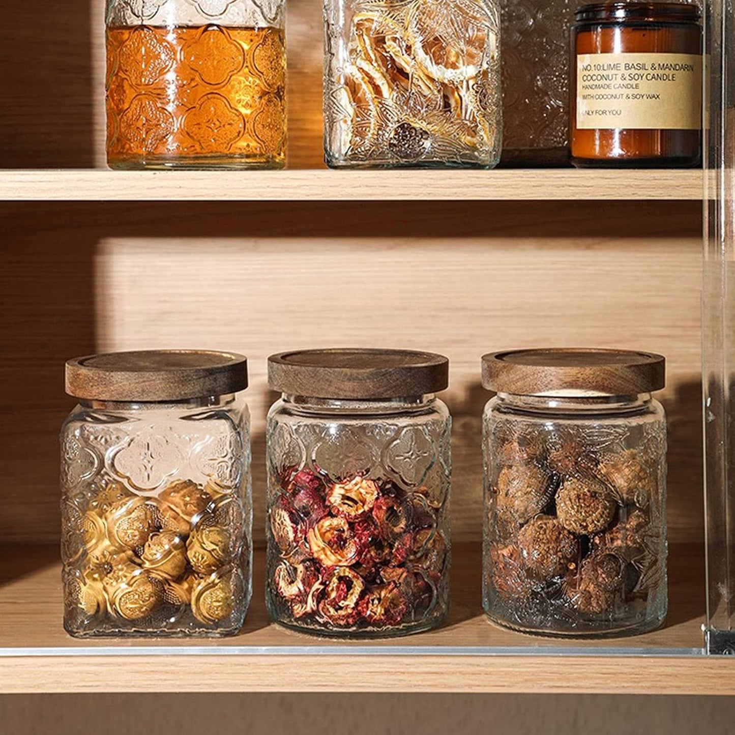 Snminetal Vintage Glass Airtight Storage Jar Set of 4, With Airtight Wood Lid, Kitchen Food Storage Containers,for Kitchen Counter, Pantry, Tea, Sugar,Coffee,Food Storage Jar(Plum pattern)