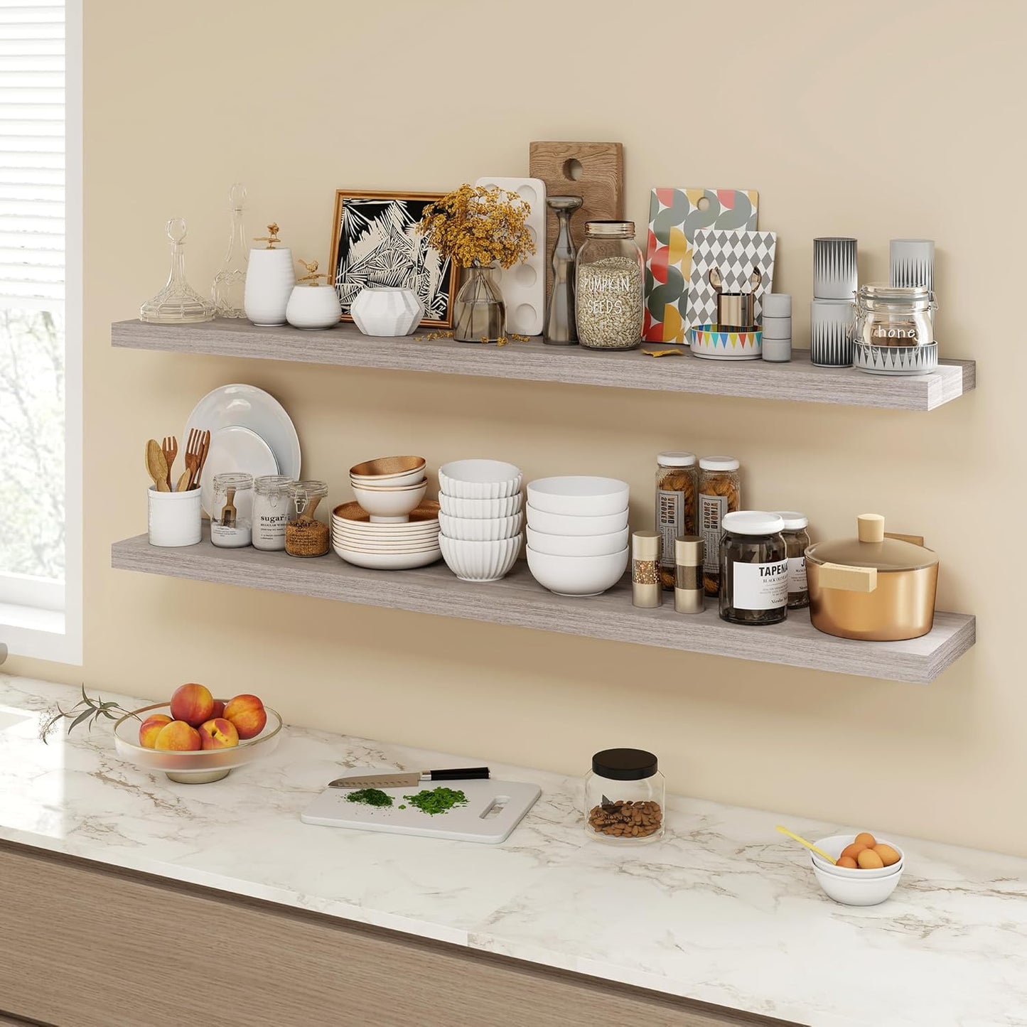 55 Inch Floating Shelves, 9.3" Deep Floating Shelf Wall Mounted, 56" Wall Shelves, Rustic Deep Bookshelf, Large Display Shelves & Storage Shelves for Bedroom, Living Room, Gray, Set of 1