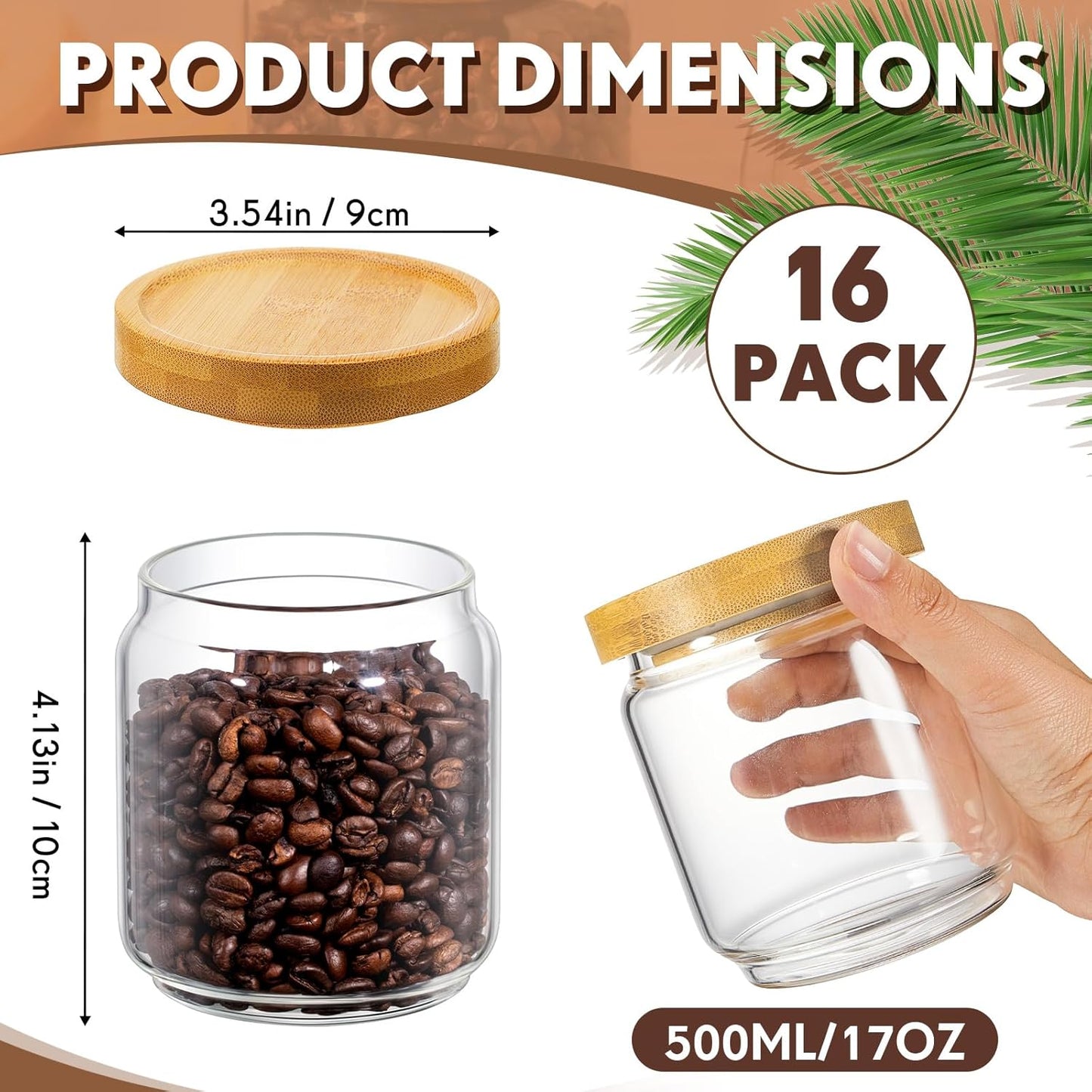 Irenare 16 Pcs 17 oz/ 500 ml Glass Canister Food Airtight Sealed Clear Borosilicate Glass Storage Jars with Lids Kitchen Spice Containers for Serving Coffee Sugar Tea Beans Candy Nuts Pantry (Bamboo)
