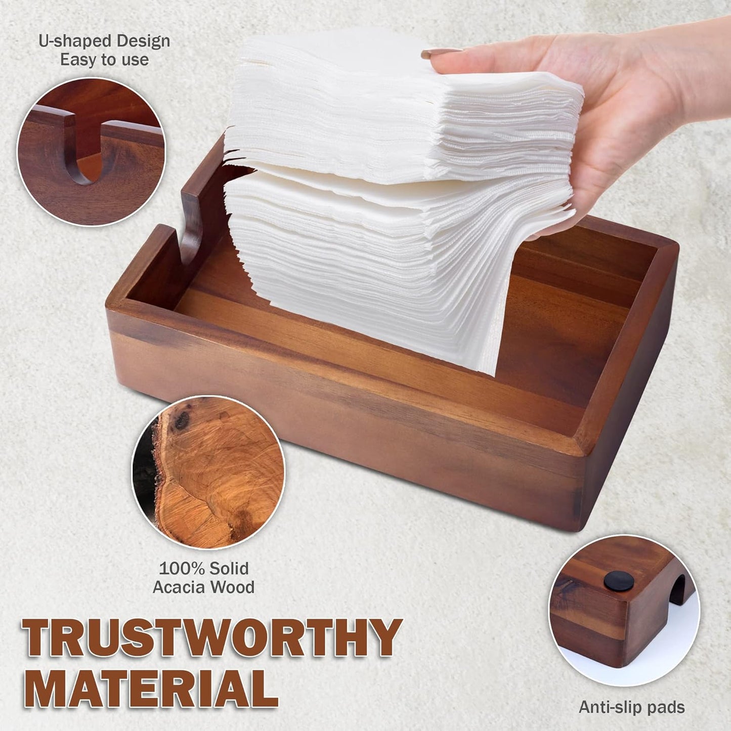 Acacia Guest Towel Napkin Holder 10x6", Paper Hand Towels Tray Holds Paper & Cloth Linen Napkin on Table, Kitchen Counter, Bathroom - Durable, Natural, Dark Stained Organizer for Party, Wedding, Event