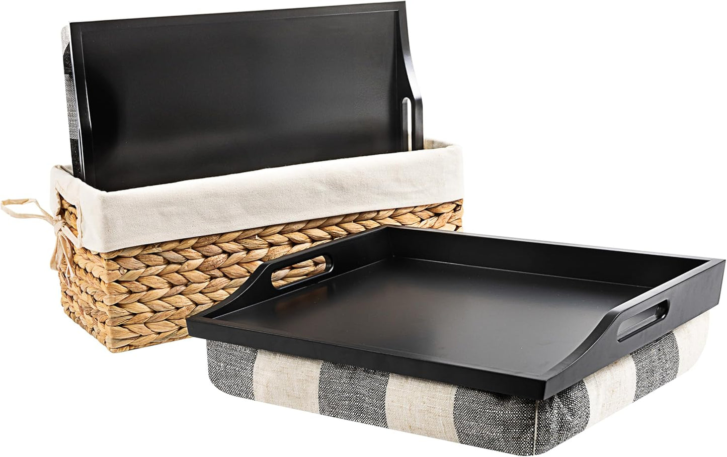 ROSSIE HOME Wood Bed Tray Lap Desk - Set of Two - with Hyacinth Storage Basket - Buffalo Check - Fits up to 15.6 Inch Laptops - Style No. 70108