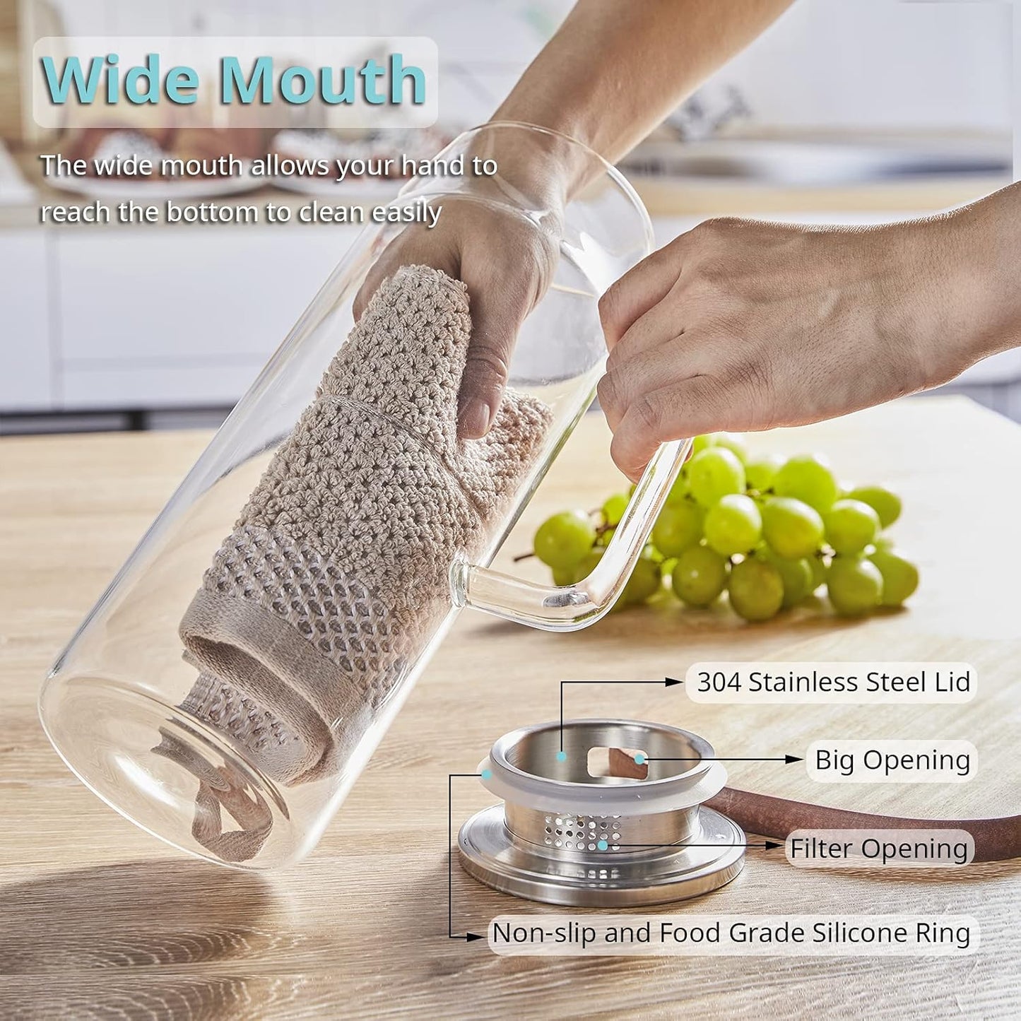 2 Pack 1.6 Liter 54 oz Glass Pitcher with Lid and Spout, Glass Carafe Water Pitcher for Hot/Cold Water, Iced Tea, Drinks, Coffee, Juice and Homemade Beverage