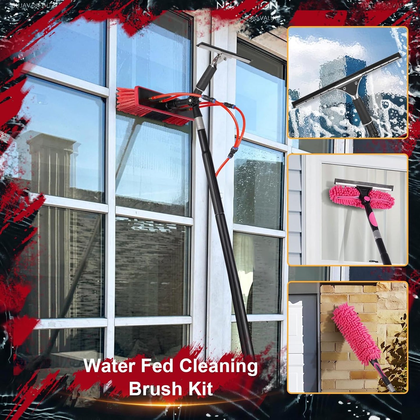 26ft Water Fed Pole Kit, Rotatable Solar Panel Cleaning Brush & Squeegee, 2 Dusting Brushes, Extendable Black Lightweight Pole for Roof Window