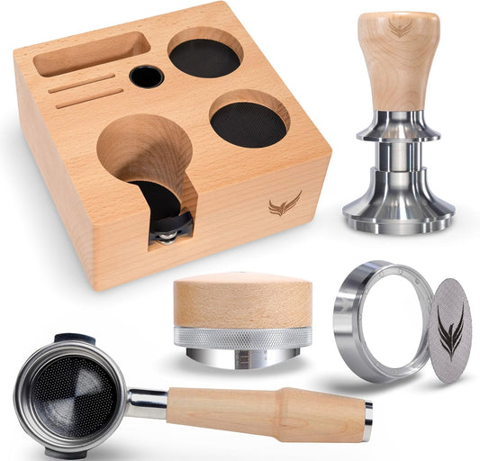 58mm Tamper Kit for E61 Machines – Maple Bottomless Portafilter, Spring Tamper, Distributor, Dosing Funnel & Tamping Station | Compatible with Rocket, Lelit, Profitec, ECM