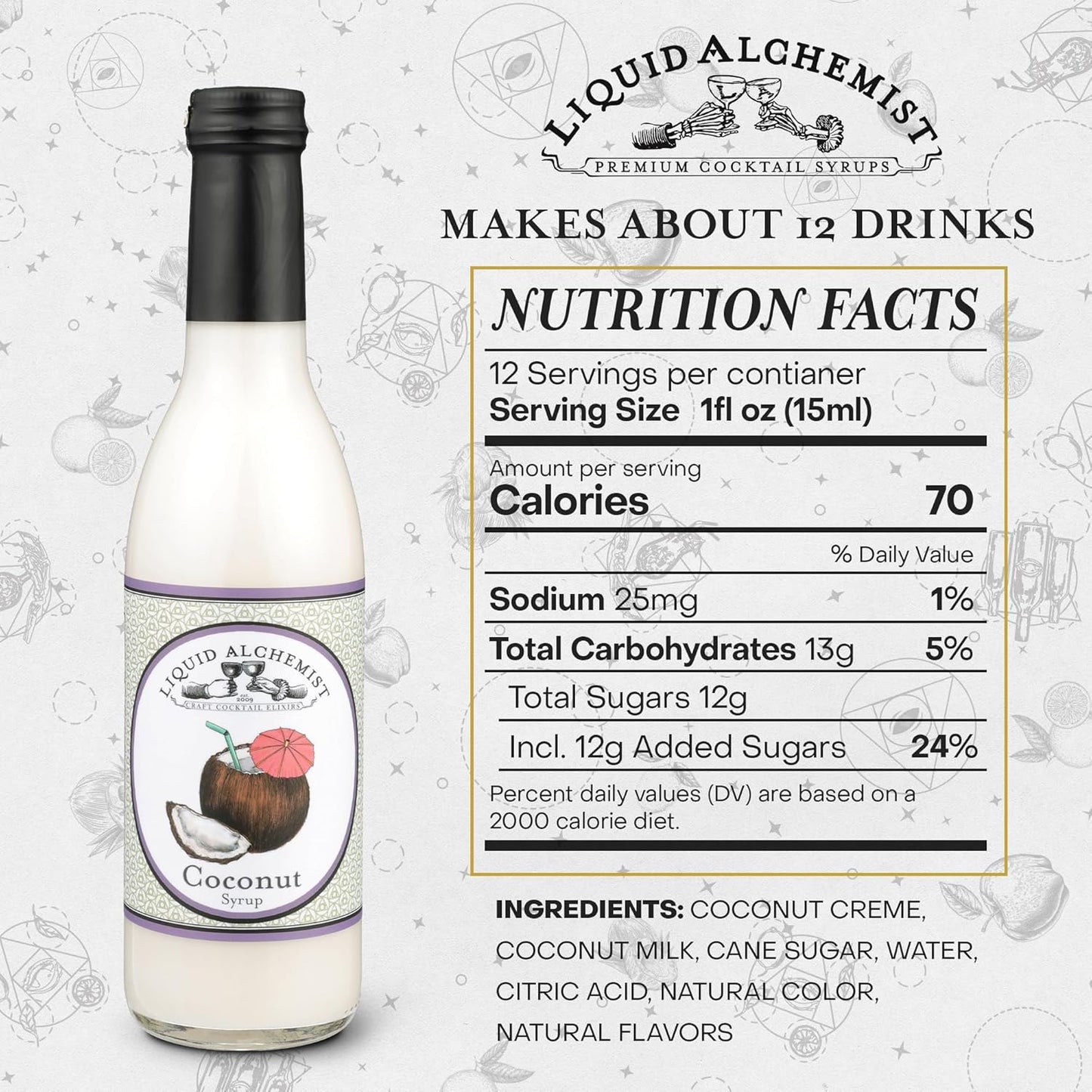 Liquid Alchemist Coconut Syrup for Drinks - Real Ingredients Make our Cream of Coconut Syrup a Perfect Pina Colada Drink Mix - Tropical Flavoring for Drinks - Vegan & Non-GMO (12 oz)