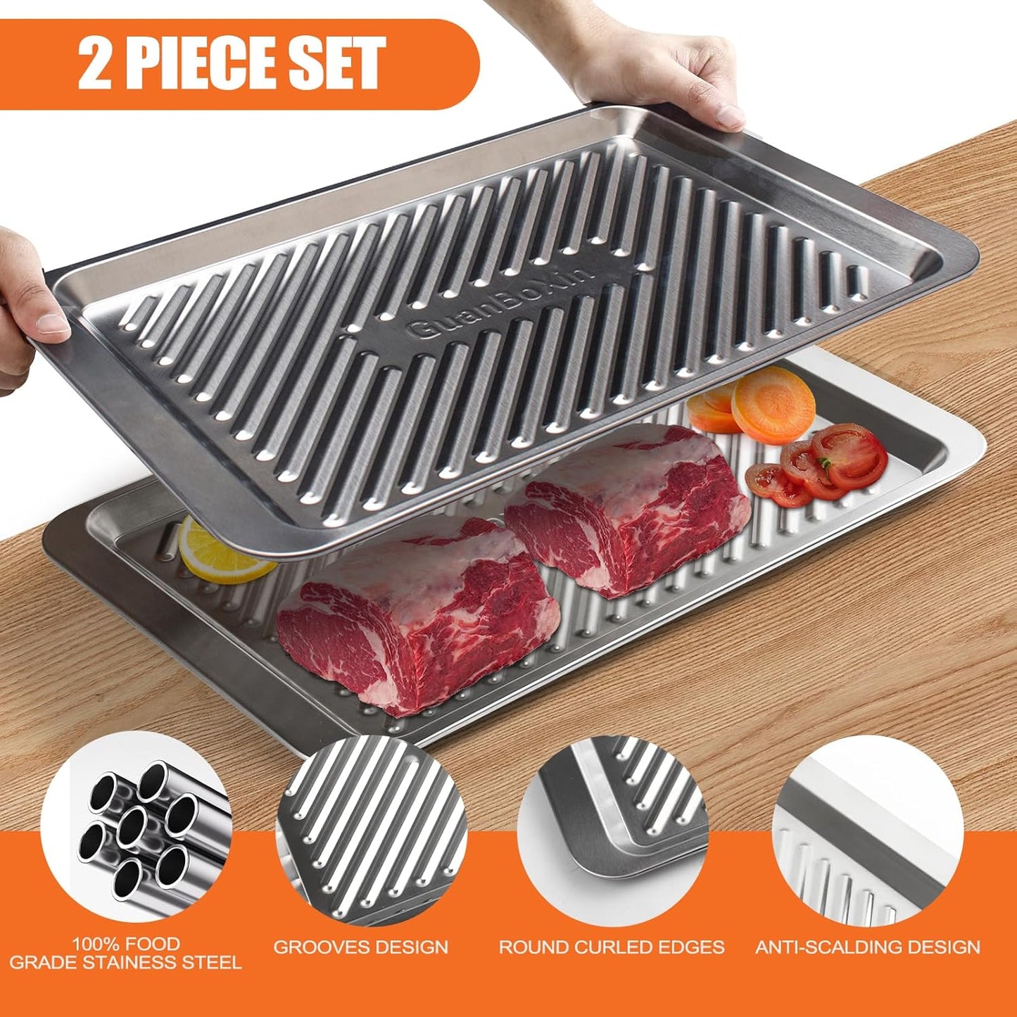 Grilling Prep and Serve Trays Set of 2 Stackable Stainless Steel BBQ Trays Marinating Tray Food Serving Platter for Cooked and Raw Meat BBQ Prep Tub Dishwasher Safe