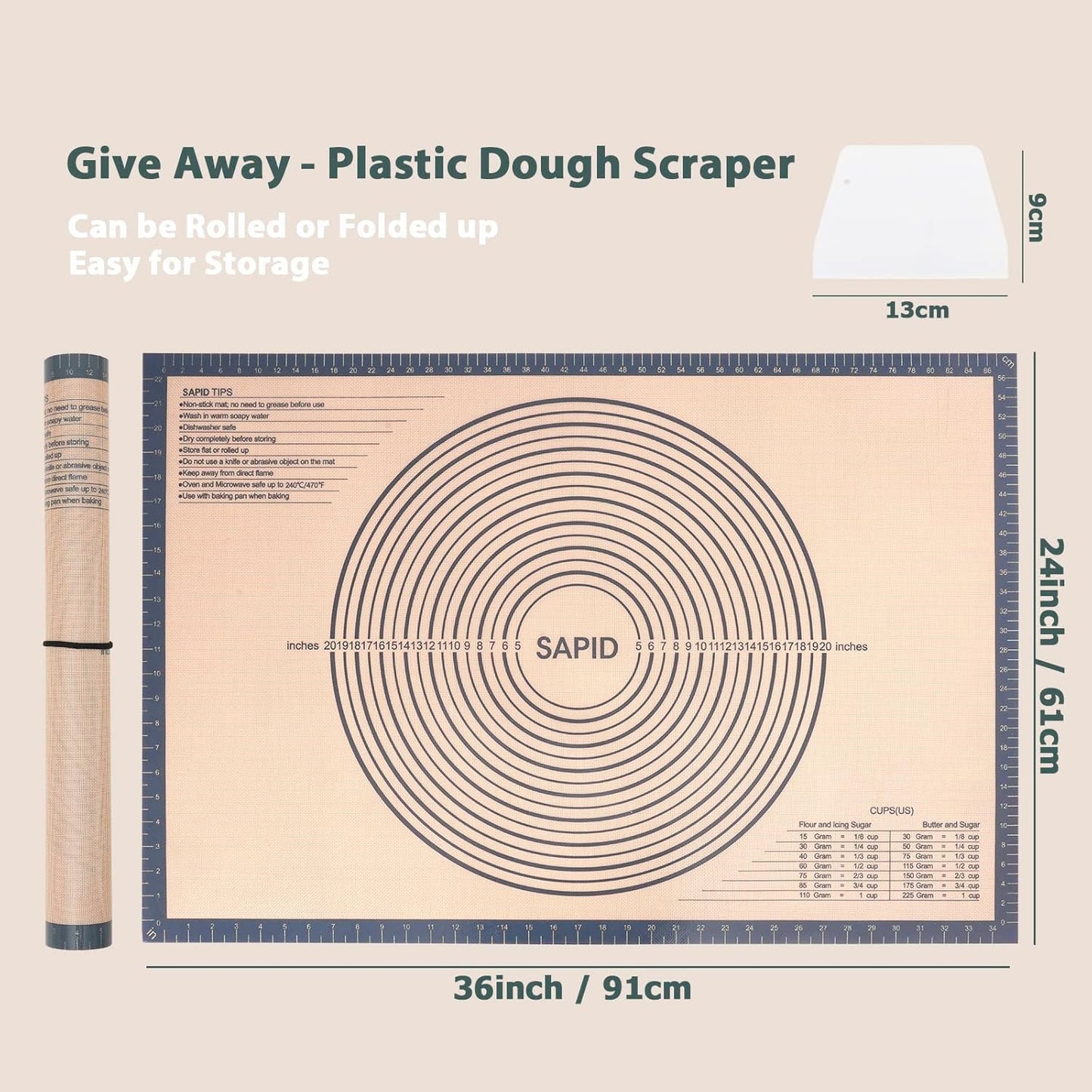 Sapid Extra Thick Silicone Pastry Mat Non-slip with Measurements for Non-stick Silicone Baking Mat Extra Large, Dough Rolling, Pie Crust, Kneading Mats, Countertop, Placement Mats (24" x 36", Gray)