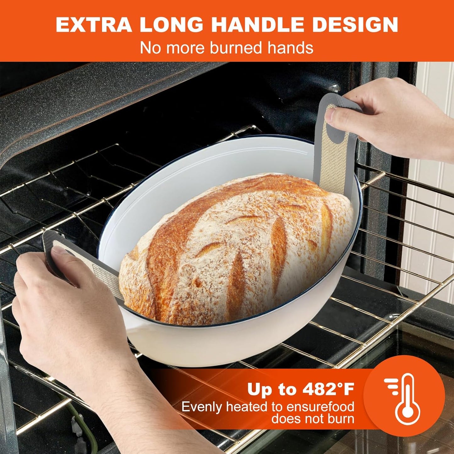 Silicone Bread Sling Dutch Oven Liner, Non-Stick & Easy Clean Reusable Oval Silicone Baking Mat with Long Handles, Easy to Transfer Sourdough - 2 Gray Set