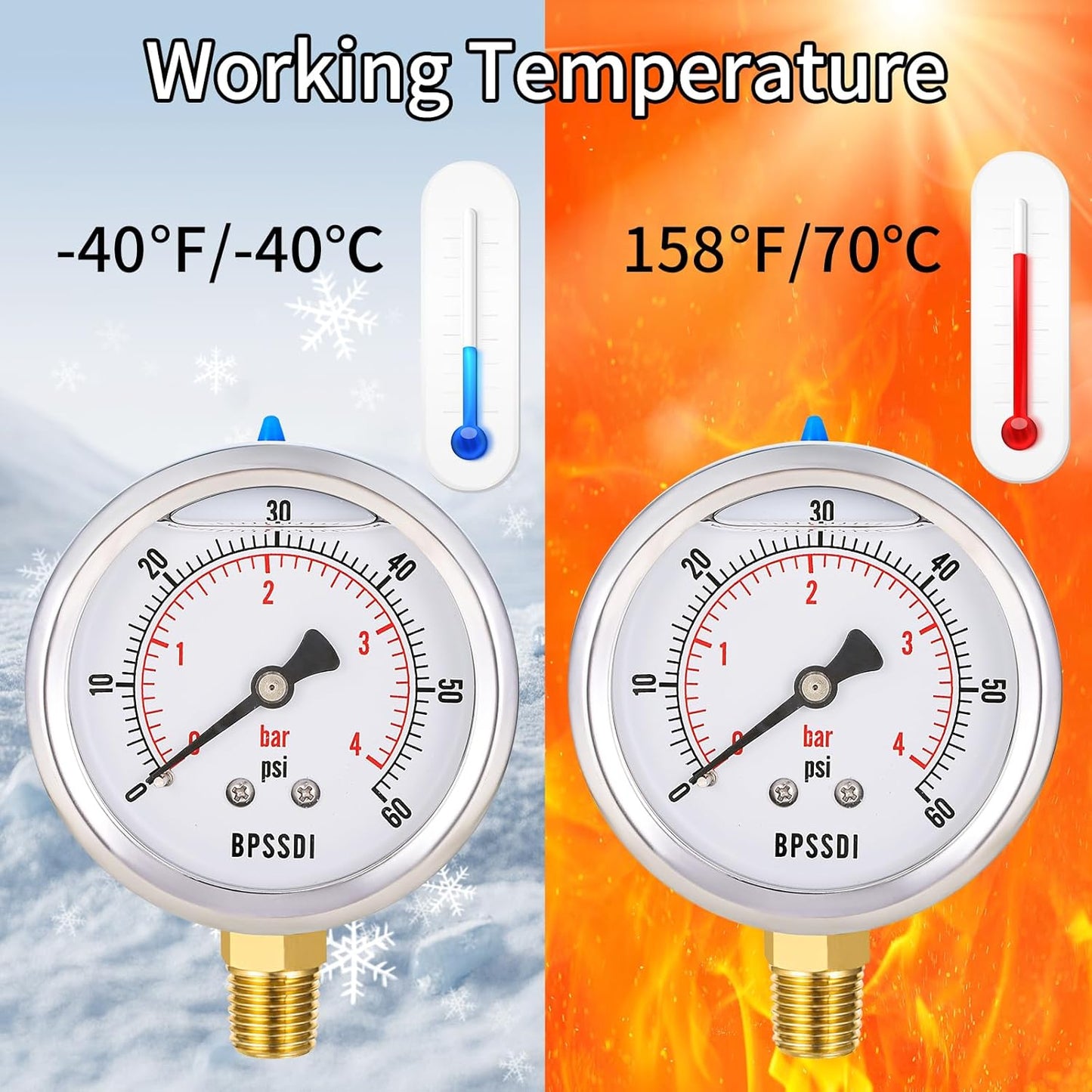 0-60 Psi Glycerin Liquid Filled Low Pressure Gauge, 2.5" Dial Size, 1/4" NPT Lower Mount, 304 Stainless Steel Case, for Water Oil Air Pressure Test, Refrigeration Systems(Such as Evaporators)