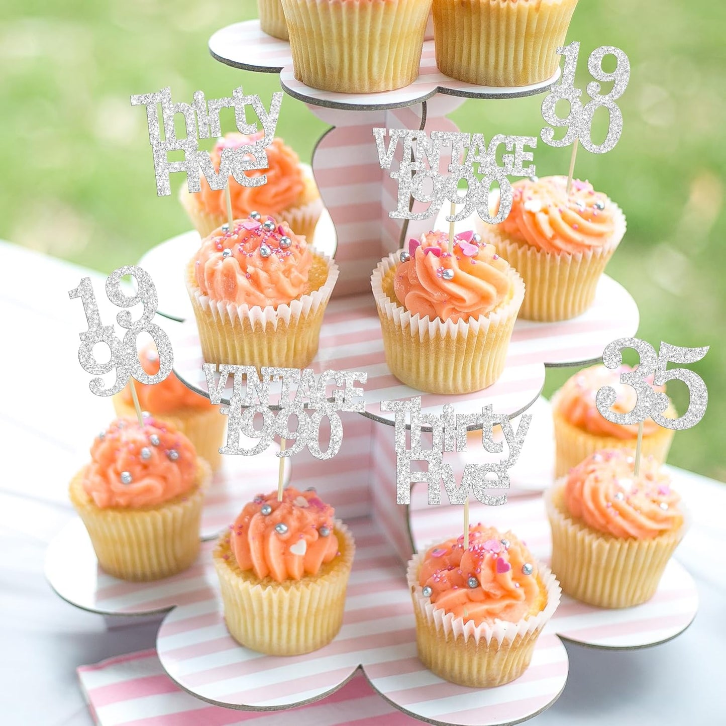 Gyufise 24Pcs Happy 35th Birthday Cupcake Toppers Glitter Thirty Five 35 Fabulous Vintage 1990 Cupcake Picks for 30th Birthday Wedding Anniversary Party Cake Decorations Supplies Rose Gold
