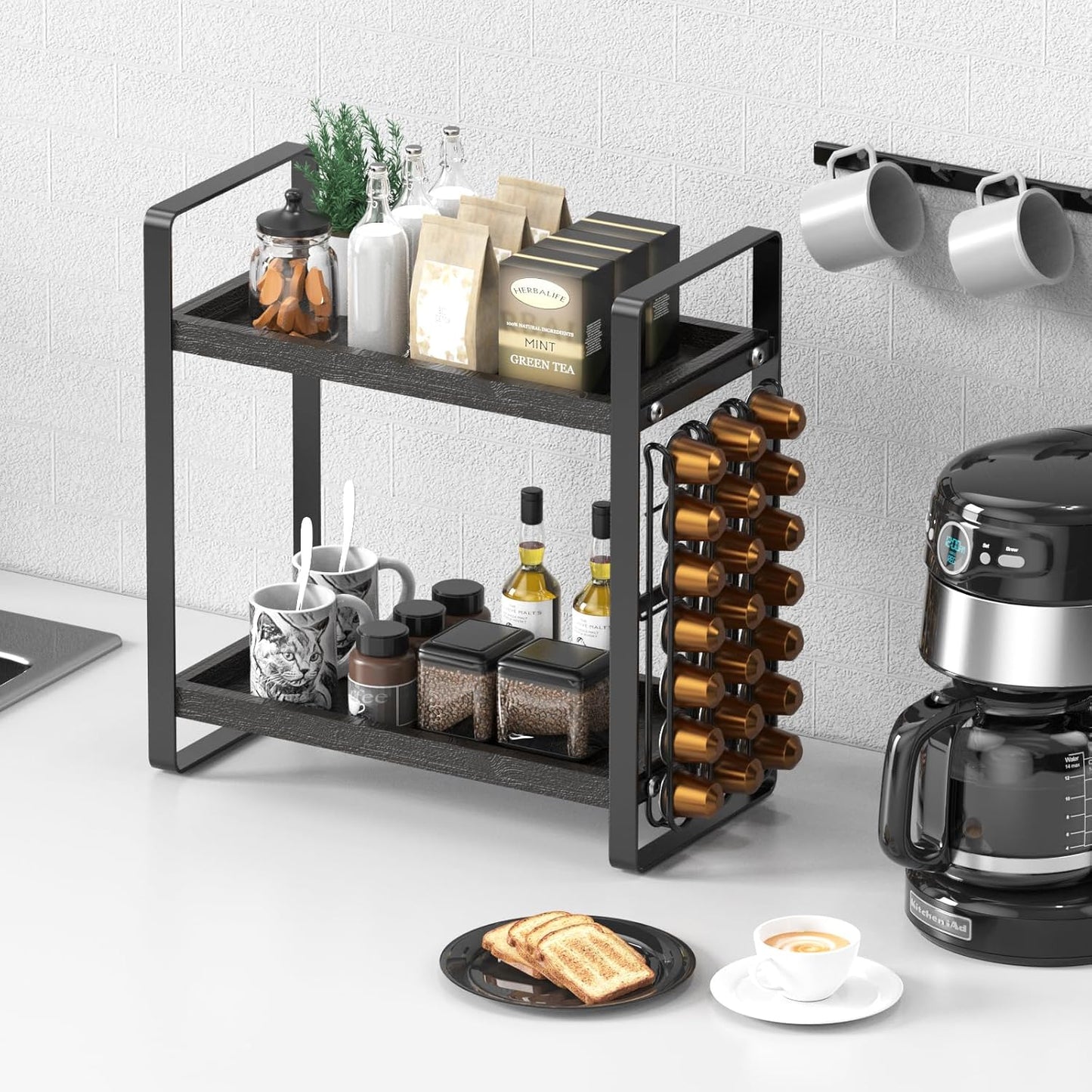 LEMIKKLE Coffee Station Organizer,Compatible with Nespresso Classic Pods 24pcs,Coffee Bar Accessories and Cup Storage Organizer, Wood Counter Shelves for Kitchen, Office, Countertop（Black