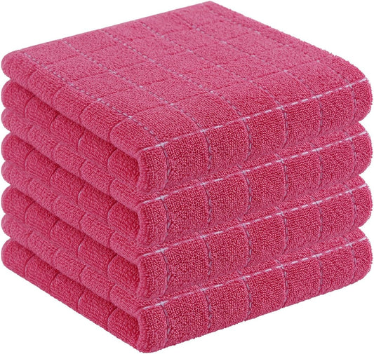 Homaxy 100% Cotton Terry Kitchen Towels(Rose Red, 13 x 28 inches), Checkered Designed, Soft and Super Absorbent Dish Towels, 4 Pack