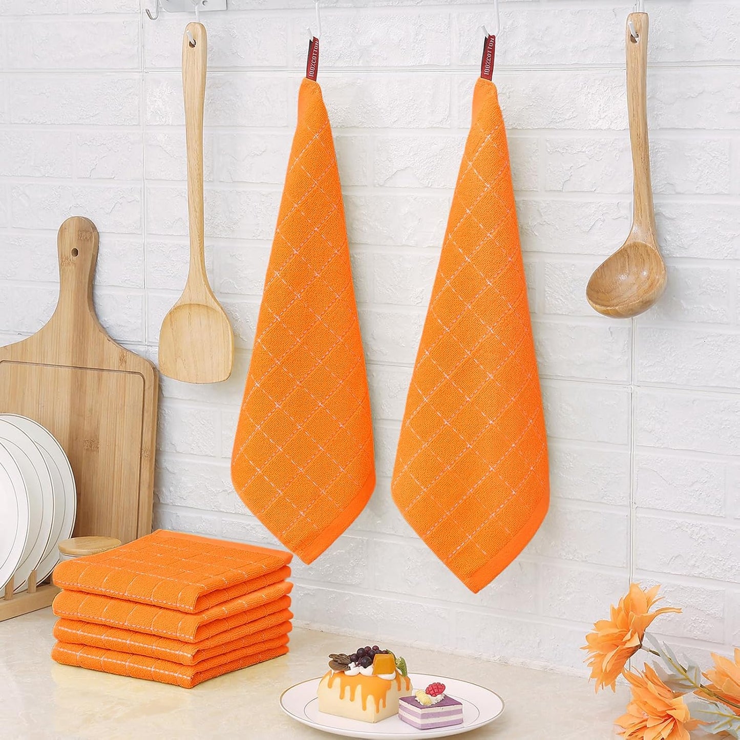 Homaxy 100% Cotton Terry Kitchen Dish Cloths, Ultra Soft and Absorbent Dish Towels for Kitchen, Perfect for Drying and Washing Dishes, 8 Pack, 12 x 12 Inches, Orange