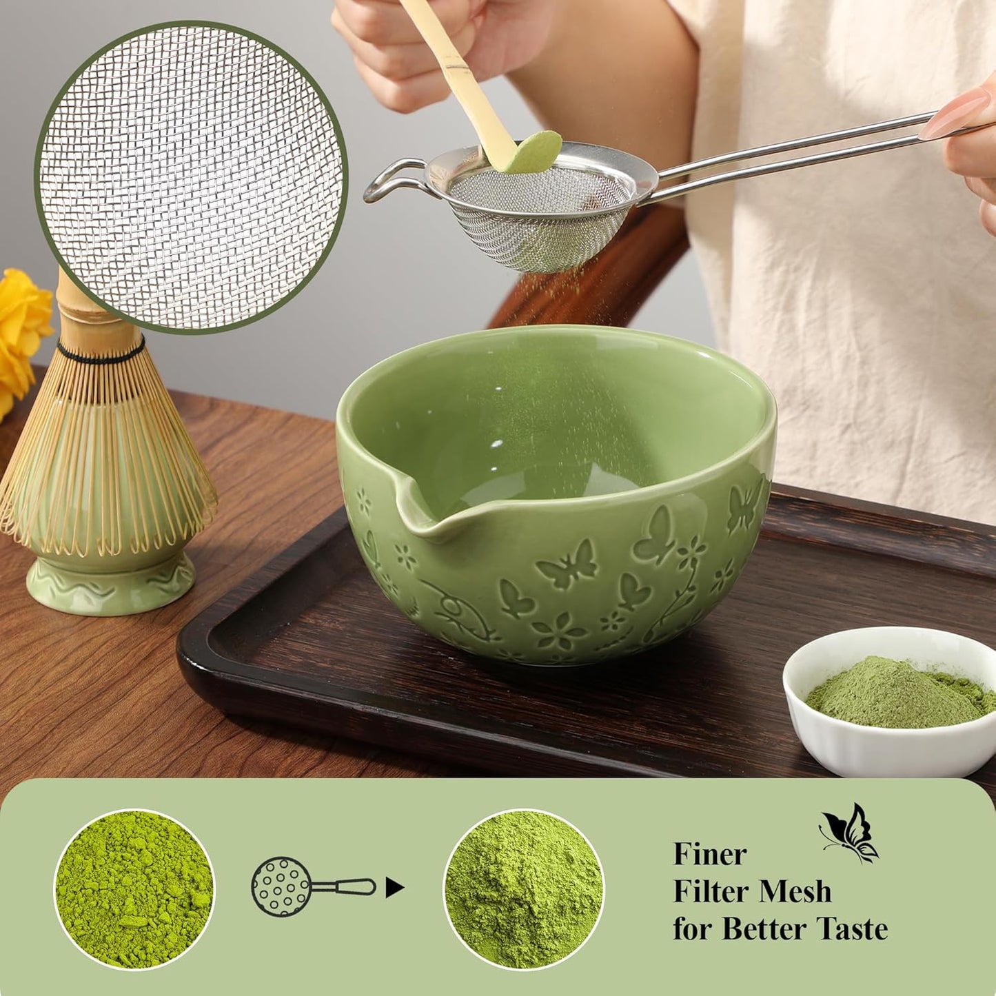 Ceramic Matcha Whisk Set 7 PCS Matcha Set Large Matcha Bowl, Matcha Whisk and Holder, Bamboo Scoop and Scoop Rest, Stainless Sifter and Tea Towel, Matcha Kit for Matcha Tea Ceremony Green