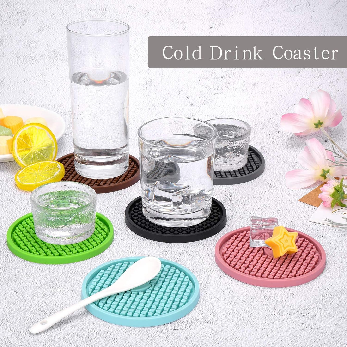 ME.FAN Silicone Coasters [6 Pack] Thickened Drink Coasters with Holder - Cup Mat - Non-Slip, Non-stick, Stay Put, Deep Tray - Prevents Furniture and Tabletop Damages(Pink)