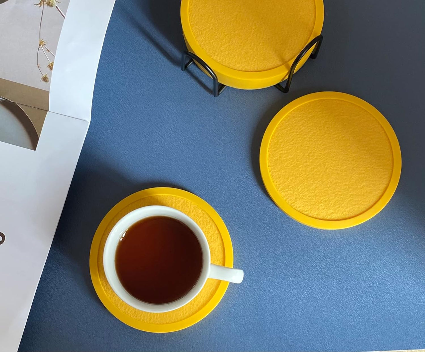 Absorbent Coasters for Drinks with Holder - 6packs, Silicone Coaster with Soft Felt Insert (4.3 inch Coasters with 4.5 inch Holder, Yellow)