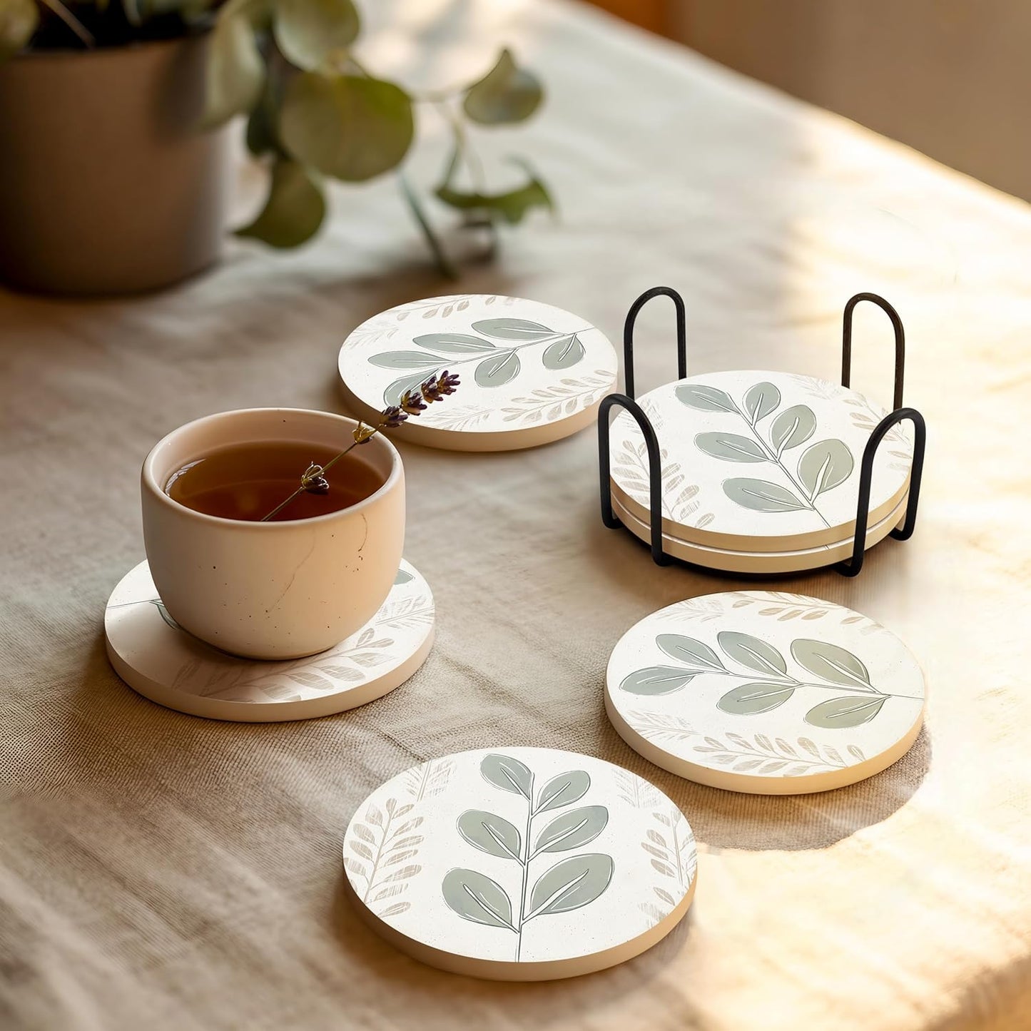 VEYRO Coasters Set of 6 for Drinks – Absorbent Ceramic Stone Drink Coasters with Cork Backing for Coffee Table & Desk, Modern Boho Look Cup Coaster Set, Housewarming Gift for New Home