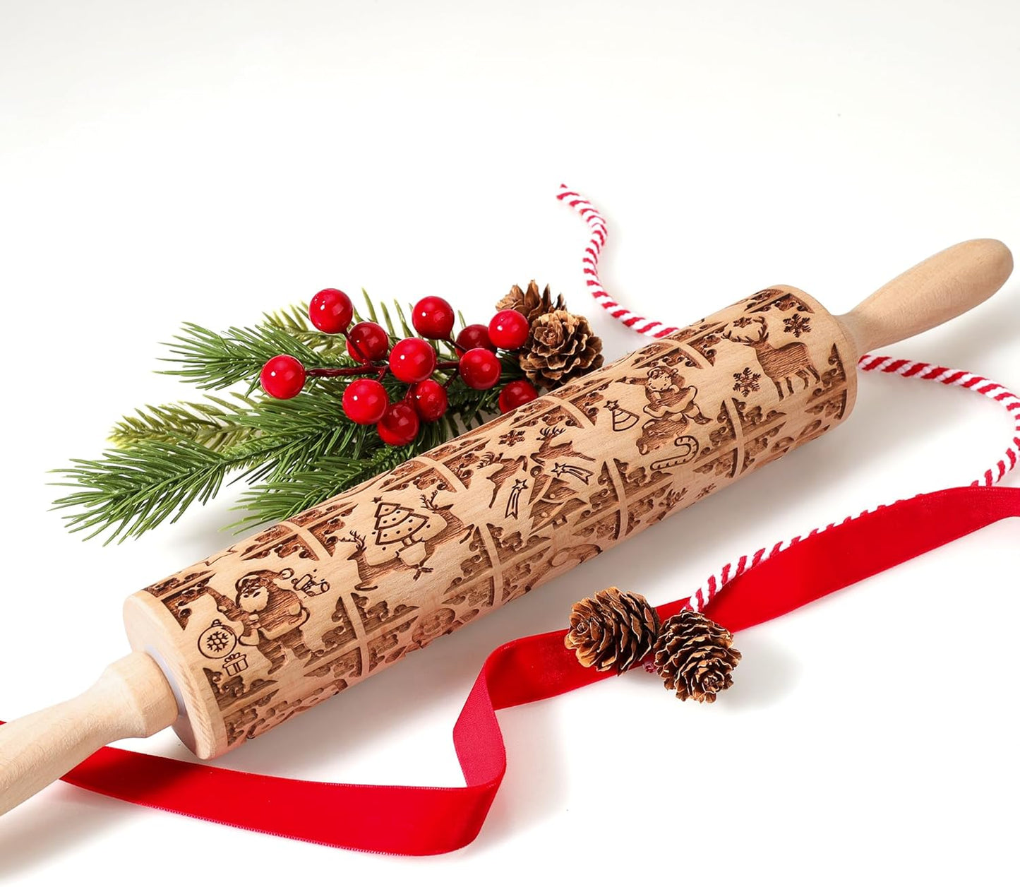 17" Premium Wood Rolling Pin with Stamp Embossed Designs | 3mm Deep Springerle Cookie Molds | Christmas Rolling Pin & Baking Gifts for Women | Includes 3-in-1 Cleaning Brush