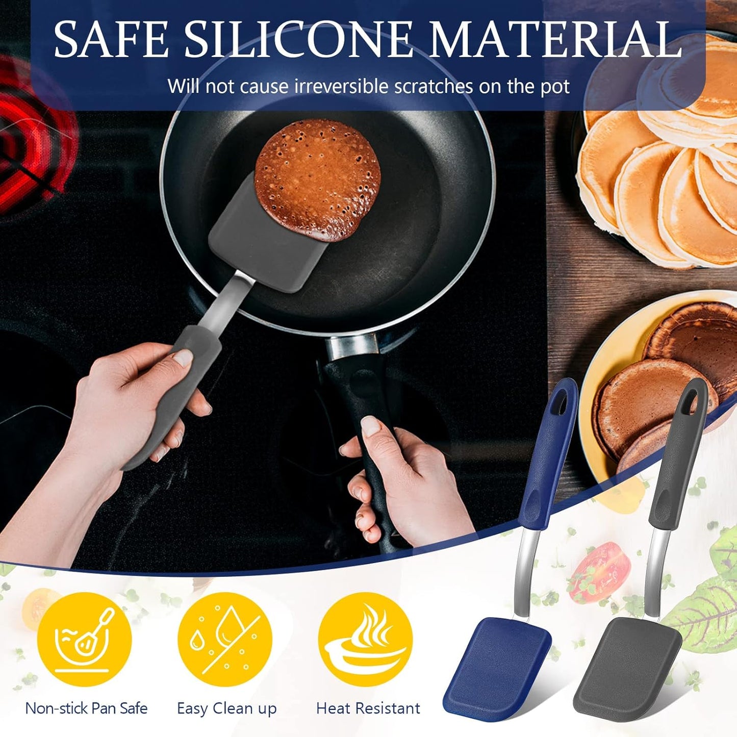 Silicone Cookie Spatula Turner 2 Pack Mini Brownie Spatula Flexible Kitchen Small Silicone Turner for Nonstick Cookware Heat Resistant No Scratch Flipper for Egg Pancake(Gray, Blue)