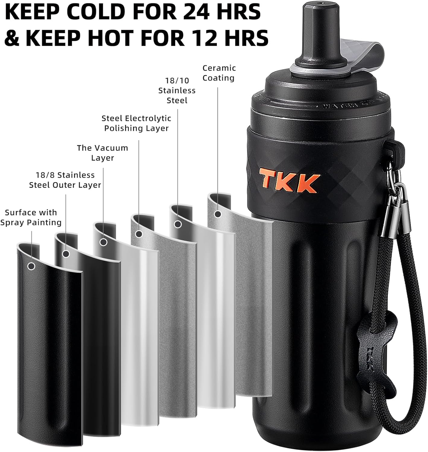 TKK 17 OZ Travel Tumbler Ceramic Lining with Straw Lid, Stainless Steel Vacuum Insulated Double Wall Coffee Tumbler, Leak Proof Iced Water Bottle with Carry Strap for Hot & Cold Drinks, Black